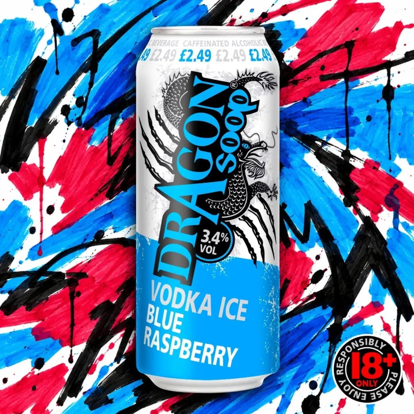 Raspberry with a blue side...

DRAGON SOOP Vodka Ice

3.4% ABV. Made with Vodka. Contains Caffeine, Taurine &amp; Guarana.

18+ only. Please enjoy #dragonsoop responsibly