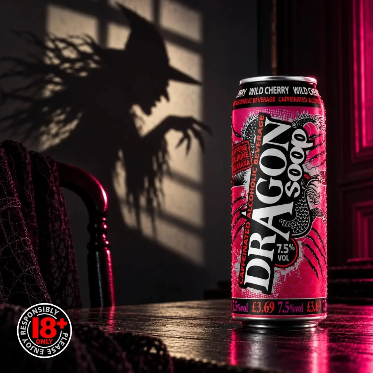 Witch, please...

Dragon Soop Wild Cherry 🍒

7.5% ABV. Contains Caffeine, Taurine &amp; Guarana. 18+ only.

Find a retailer 👇 

dragonsoop.com
