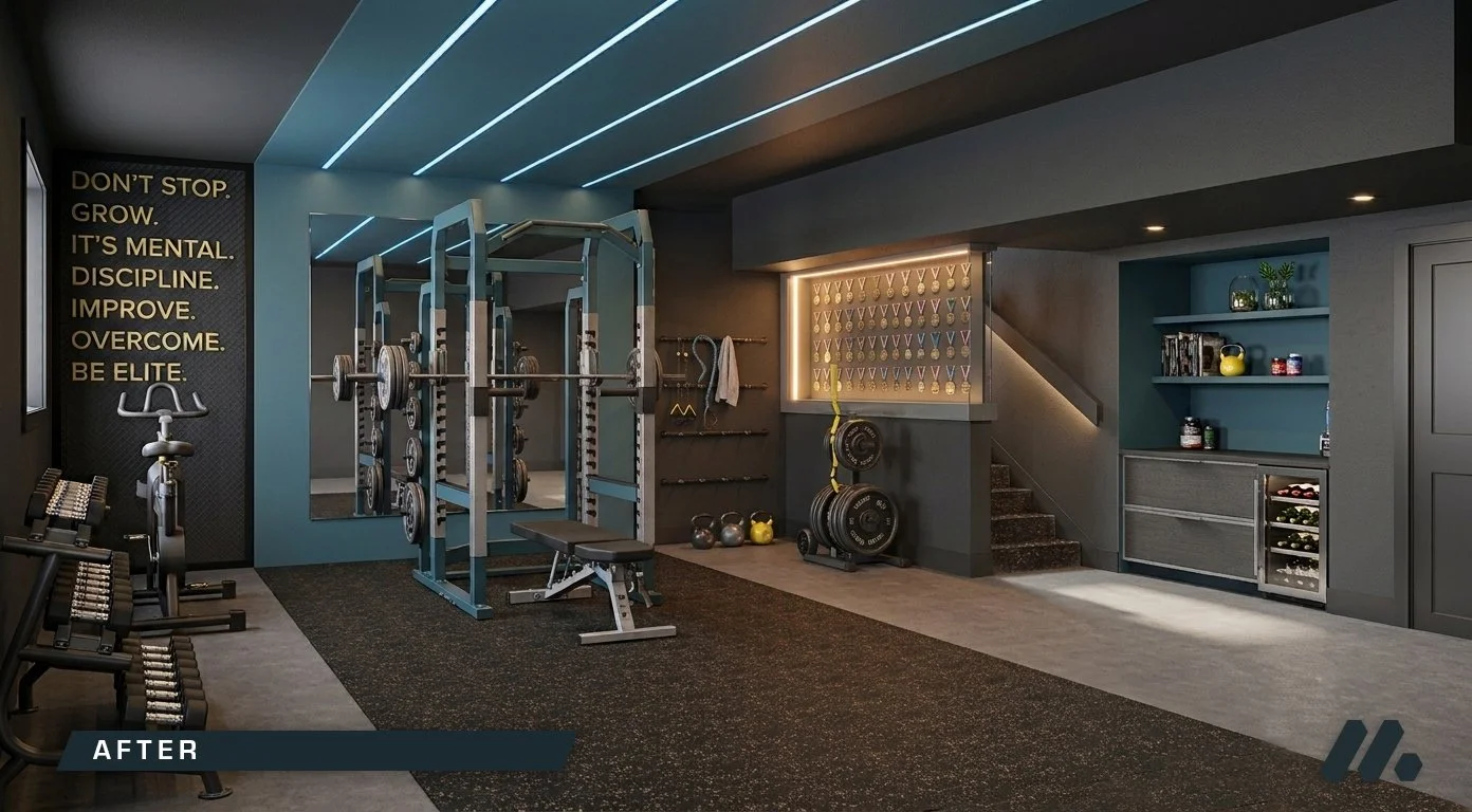 Modern home gym with weightlifting equipment, kettlebells, medicine balls, and a wall of medals, featuring motivational quote on the wall, and a staircase leading upstairs.