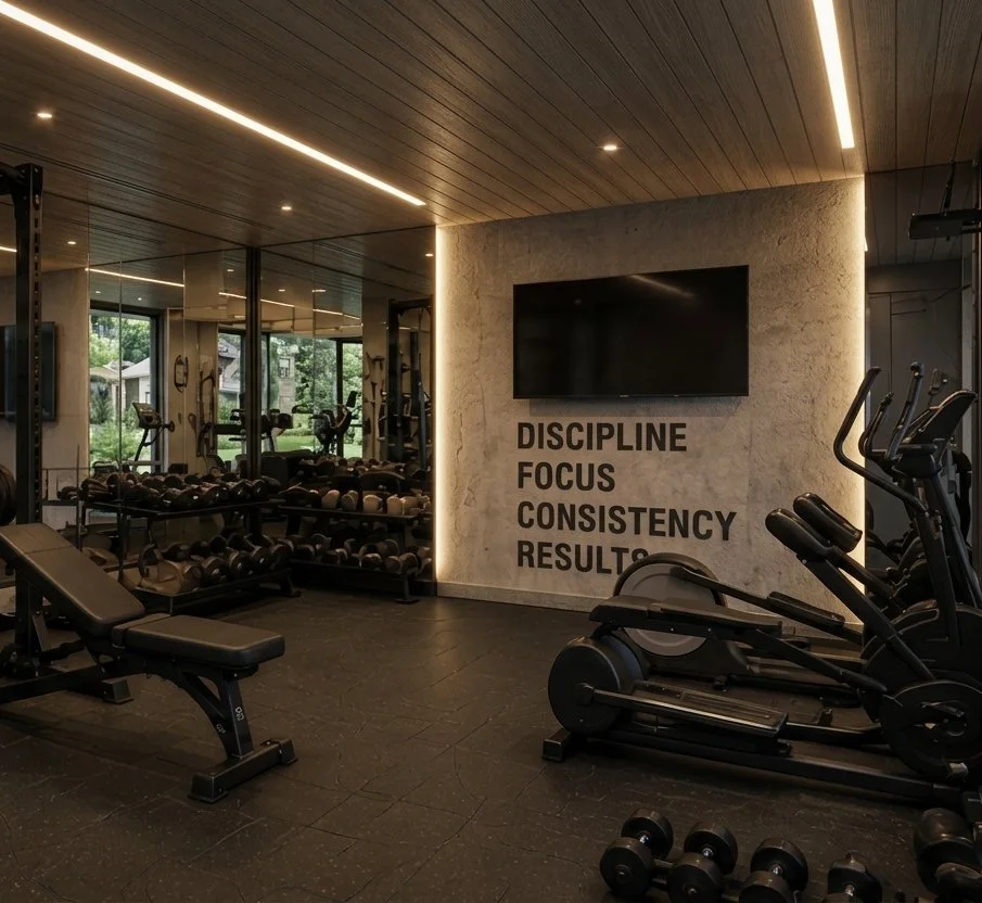 Interior of a modern gym with exercise equipment including a treadmill, elliptical, and free weights. A large TV is mounted on the wall next to motivational words: 'Discipline, Focus, Consistency, Results'.