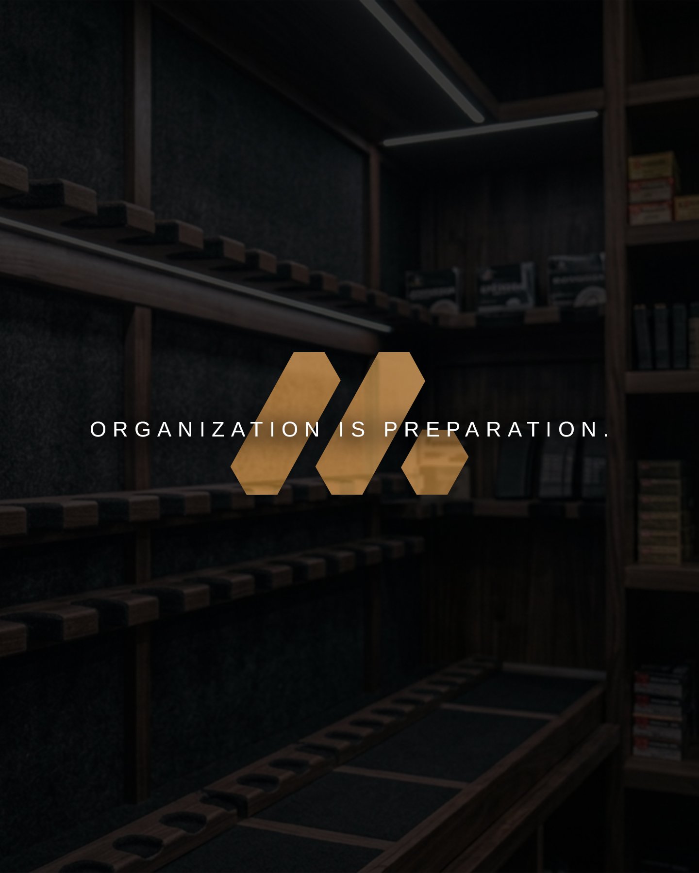 A dark wooden bookshelf with multiple empty shelves, some containing boxes and books, and a motivational quote overlayed: 'Organization is preparation'.