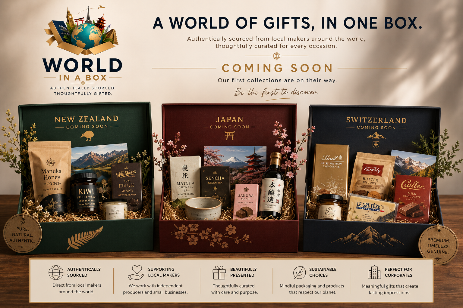 Three curated gift boxes labeled New Zealand, Japan, and Switzerland, each with locally sourced products, decorative floral accents, and a backdrop of iconic landmarks. The image promotes a global gift collection, emphasizing authenticity, quality, and sustainability.