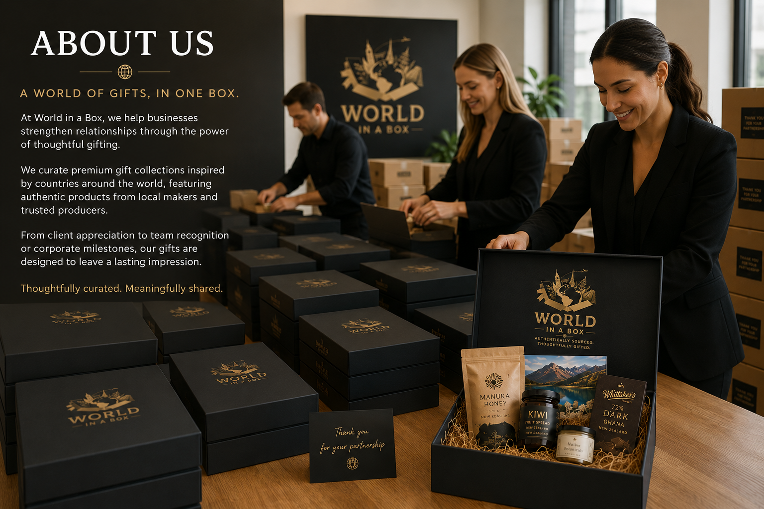 Women working at a table packing gift boxes with a black product box labeled "World in a Box" with gold lettering and logo, surrounded by gift items like honey, kiwi, dark chocolate, and a card.