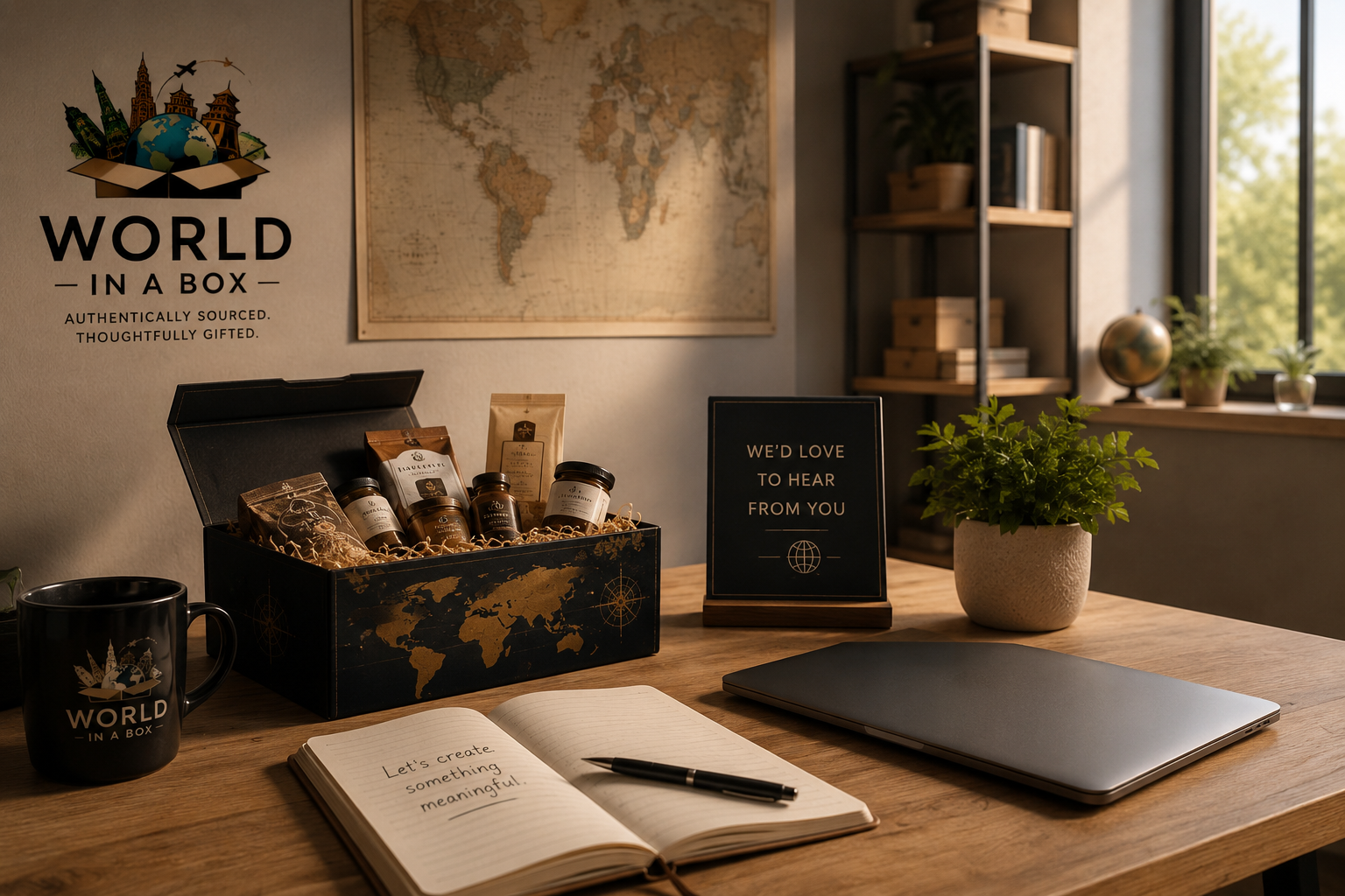 A desk with a black mug, open notebook with handwritten text, pen, closed laptop, and a black and gold box of assorted gourmet items, with a sign reading 'We'd love to hear from you', a potted plant, and a window with sunlight. A world map on the wall and shelves with books and plants are in the background.