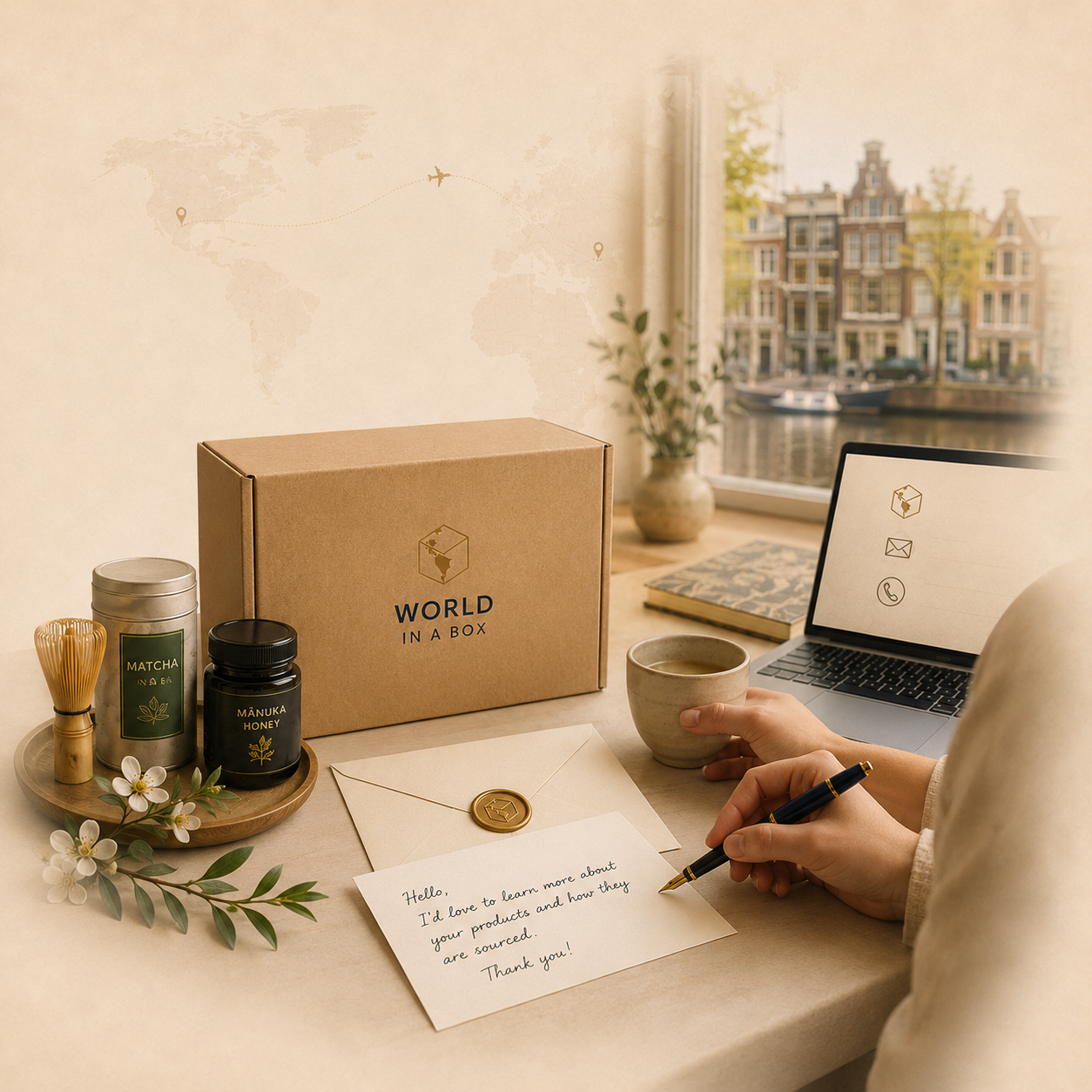 A person writes a note at a desk with a cup of tea, a cardboard box labeled "World in a Box," herbal tea and honey jars, a notebook, and a laptop. A window shows buildings and water outside.