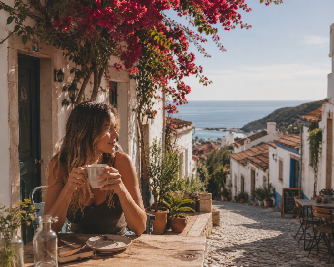 A woman with long wavy hair sitting at an outdoor cafe table, holding a cup, with a view of a coastal village and the sea in the background, during sunny weather.