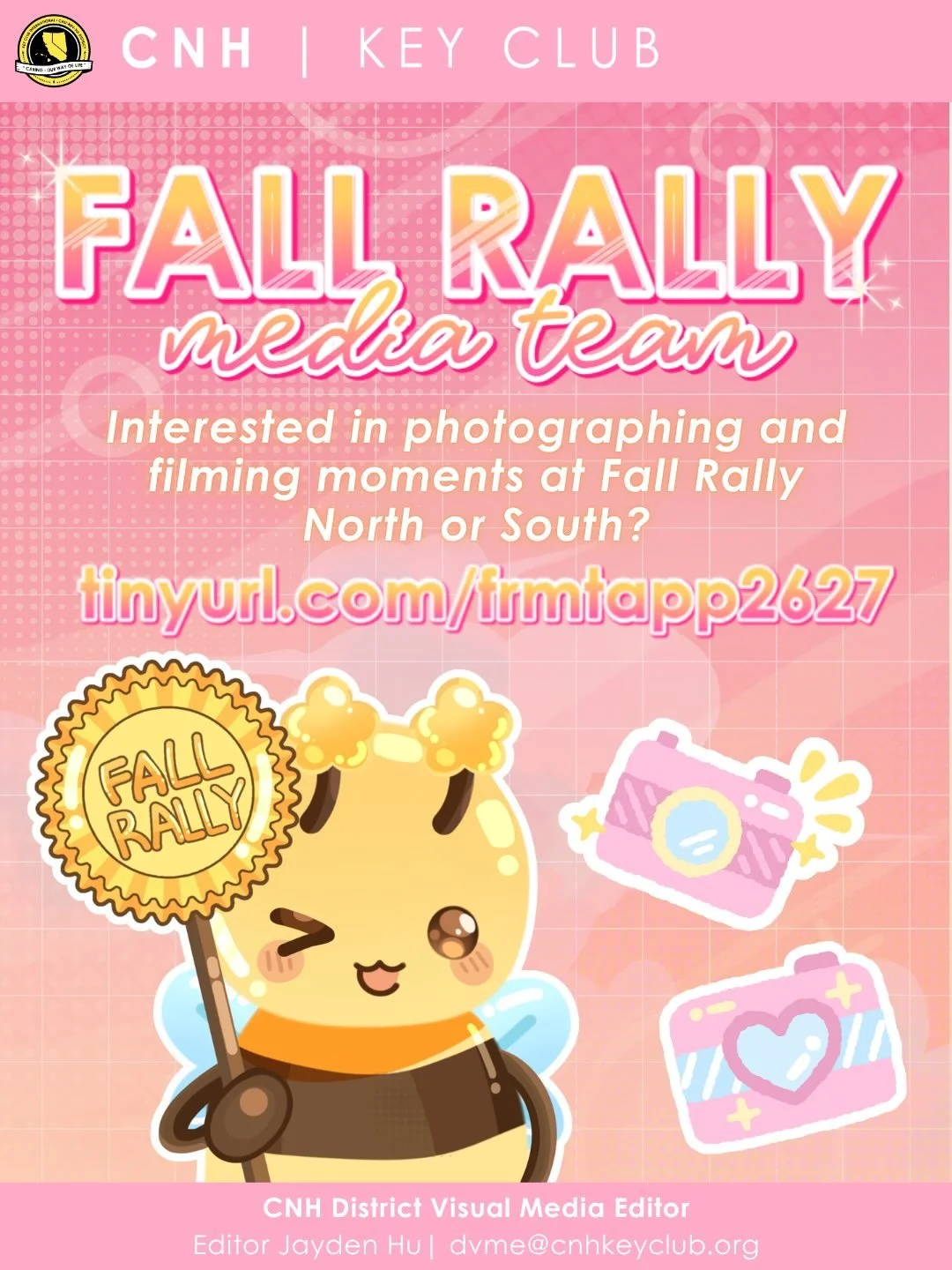 🎀📸 READY, SET, SNAP! ₍ᐢ. .ᐢ₎📷˚

FALL RALLY is right around the corner, and we&rsquo;ve got an amazing opportunity for YOU 🫵 to get involved with CNH! 🐝

Do you have a passion for photography, videography, or capturing unforgettable moments? 📸🎥