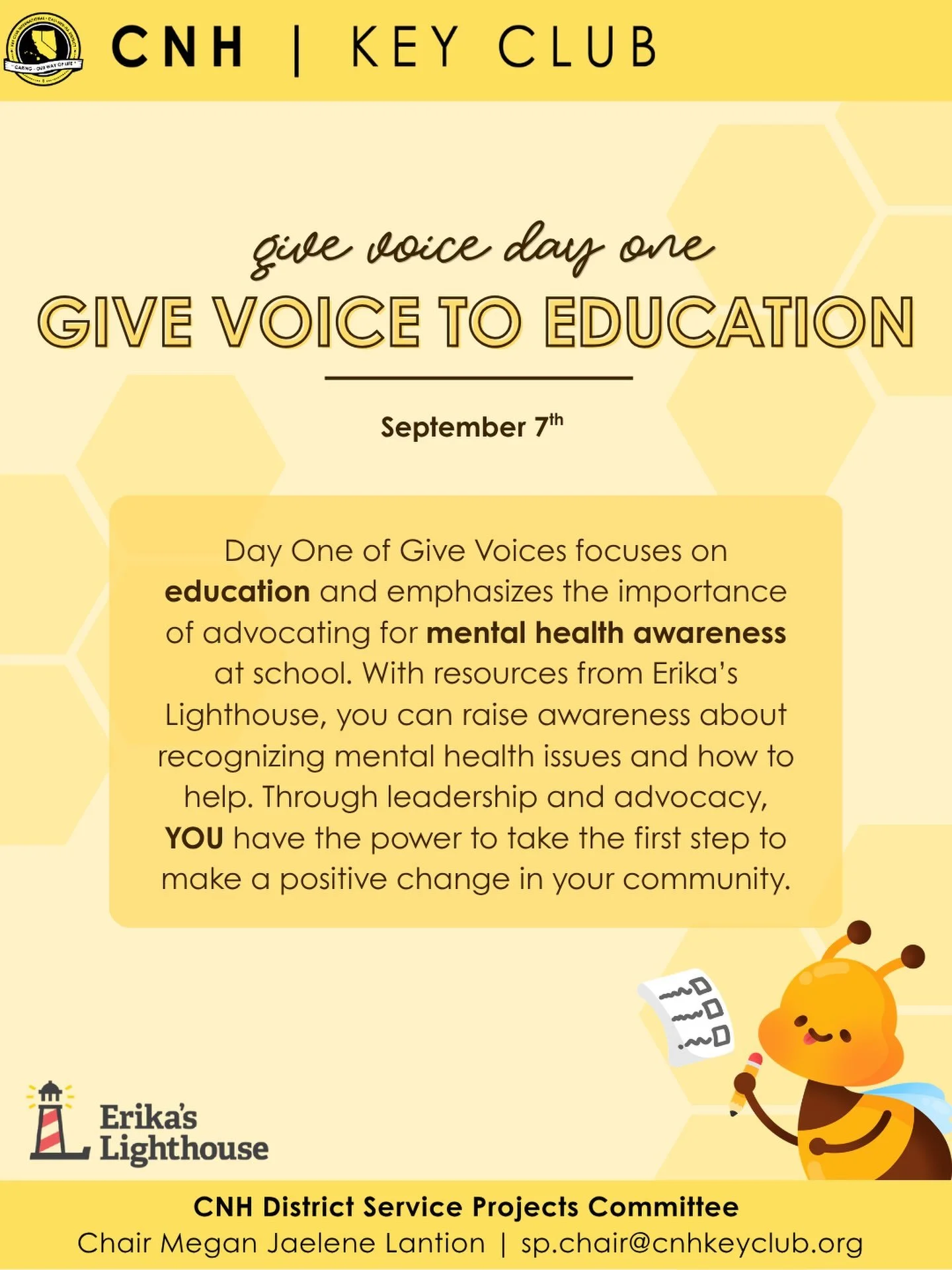 Happy Day One of Erika&rsquo;s Lighthouse &ldquo;Give Voice&rdquo; Initiative! ❤️

The &ldquo;Give Voice&rdquo; spirit week is celebrated in September during Suicide Prevention week to advocate for education, help-seeking, kindness, and more! 🌎

Wha