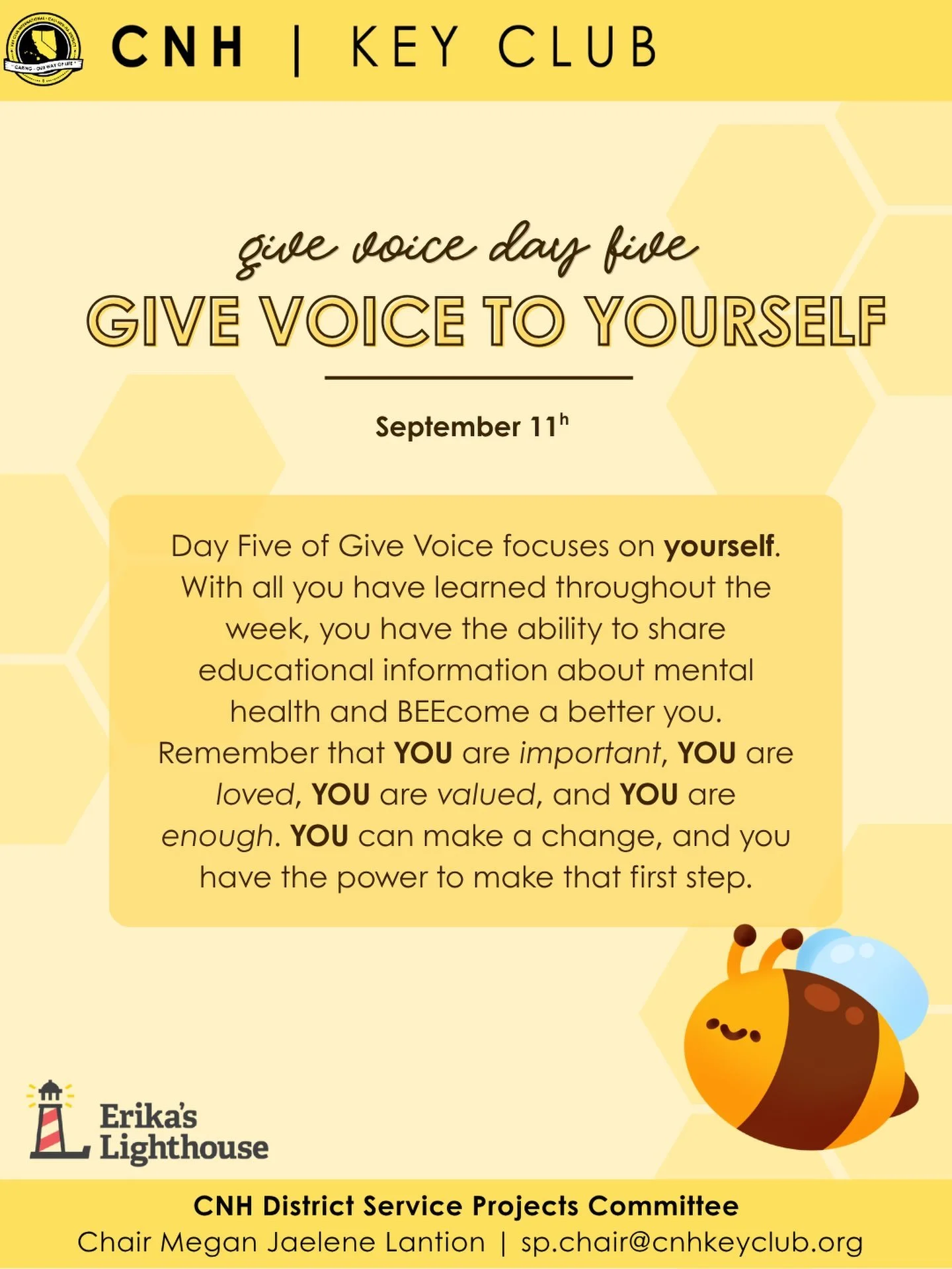 The last and final day of Give Voice is here, can you believe it⁉️😢

While it is saddening to see this week end, you have gained lots of valuable information about Erika&rsquo;s Lighthouse, mental health, and more! Now, YOU 🫵have the opportunity to