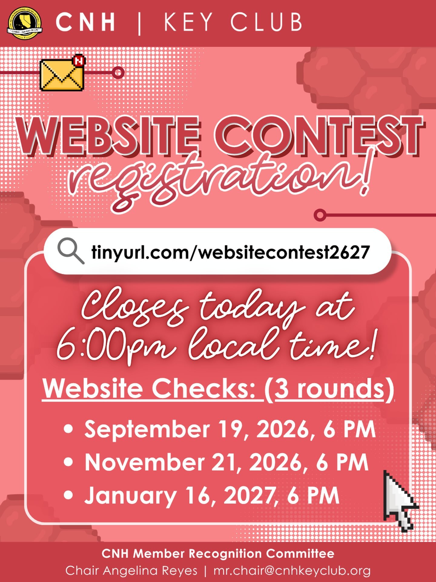 LAST DAY TO REGISTER‼️ 🐝🚨

YOU have until 6:00 PM (Local Time) ⏰ to register for the Club or Division Website 🖥️ Contest at tinyurl.com/websitecontest2627! This is your last 😯 opportunity to receive recognition 🏅 for your hard work in putting to
