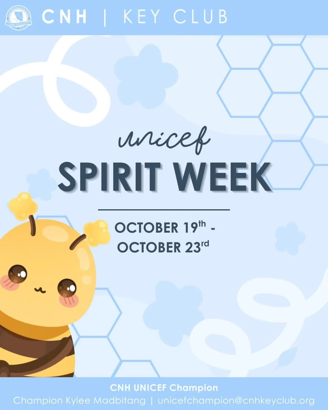 Spirit Week

Day 1:
It&rsquo;s BLUE OUT MONDAY 💙

BEE sure to post a photo wearing blue to show your support for UNICEF and children around the world!

It&rsquo;s the first day of UNICEF spirit week so BEE on the lookout 👀 for more UNICEF Spirit!! 