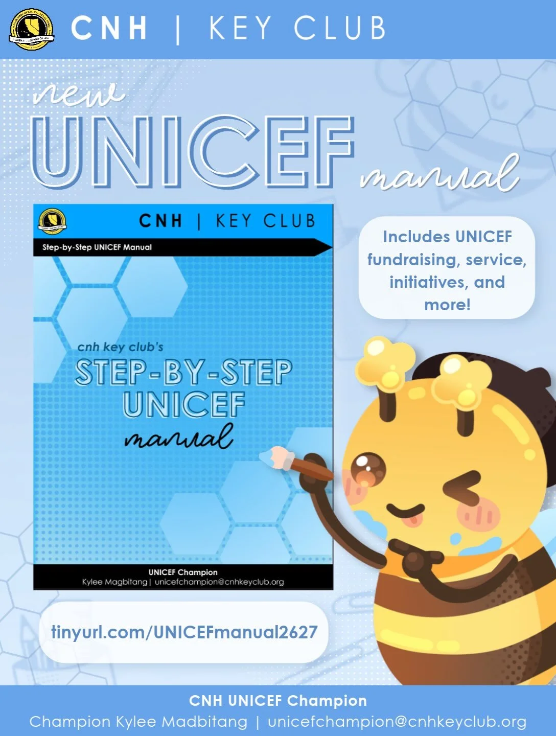 BUZZ BUZZ CNH! 🐝

Looking for ways to bring UNICEF into your club? 🤔 Start with the NEW UNICEF Manual! 📘

This resource includes everything you need to get started with UNICEF fundraising, service projects, different initiatives, and more! You can