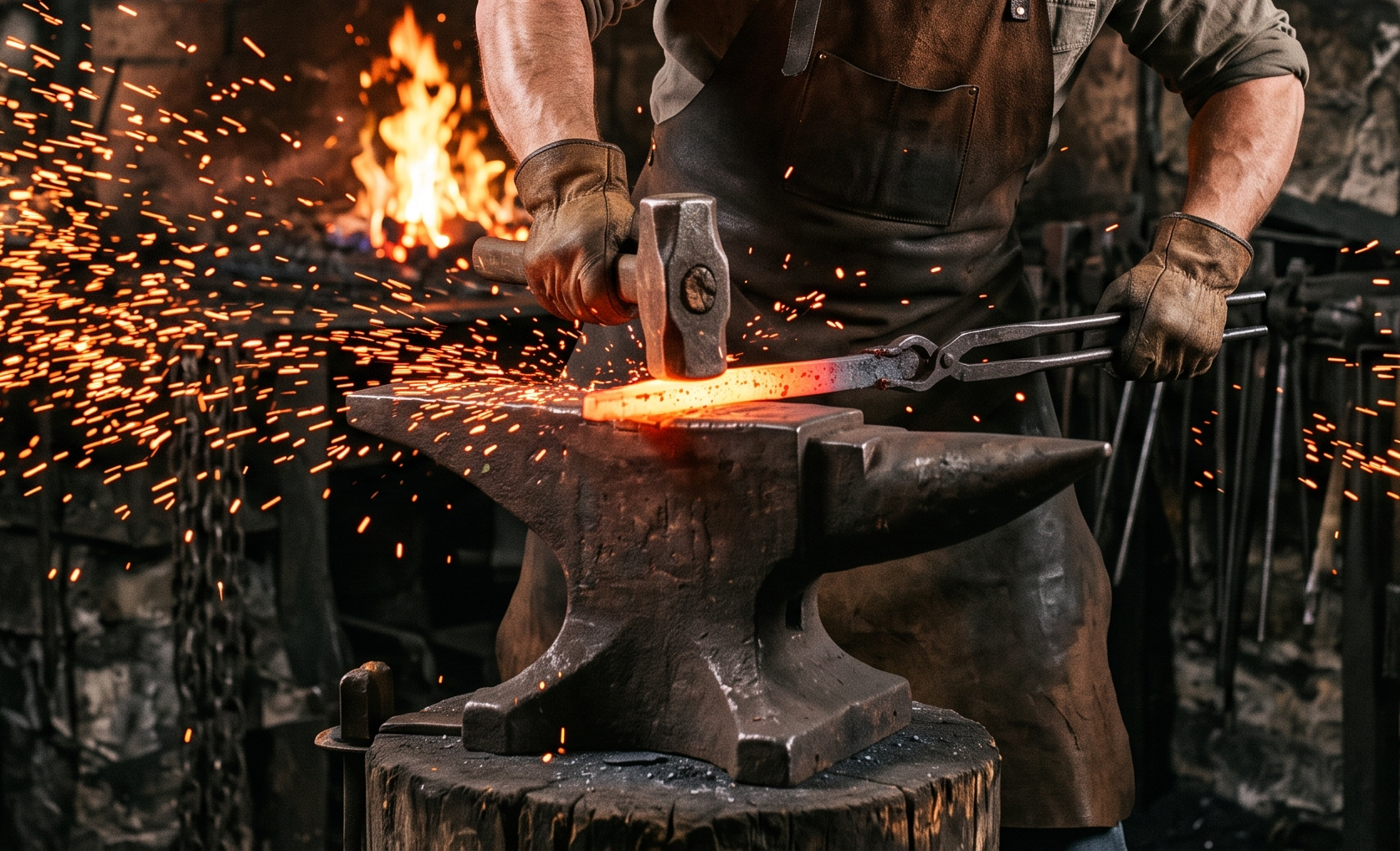 Blacksmith forging metal on an anvil with sparks flying and a forge in background.