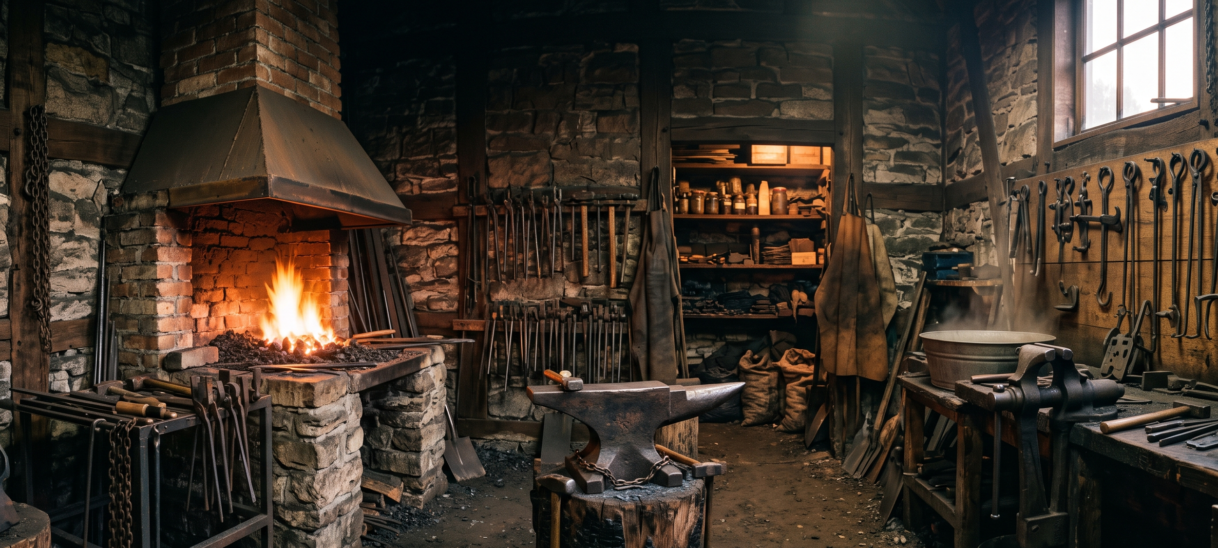 A blacksmith's workshop with a lit forge, an anvil, various tools hanging on the wall, and a workbench with equipment, all inside a stone-walled room illuminated by natural light from a window.