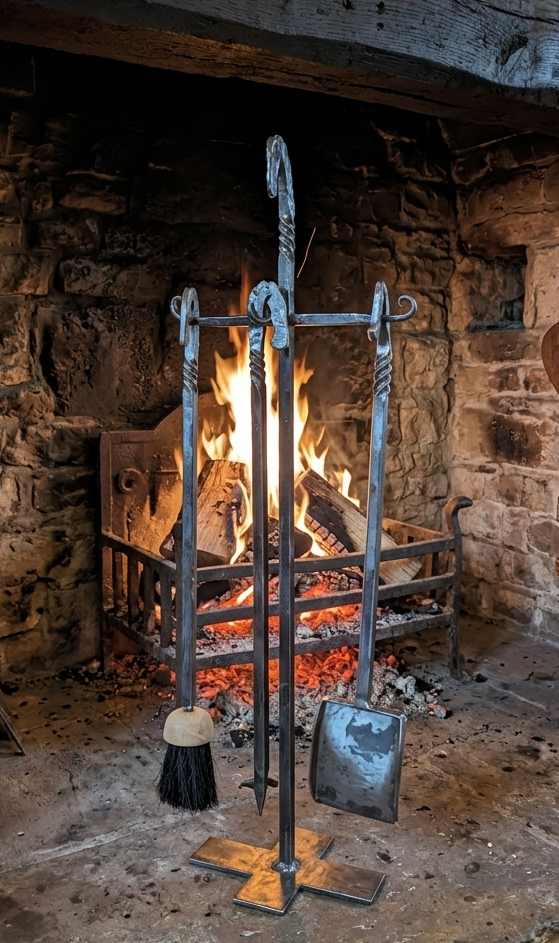 Fireplace with burning logs and metal fireplace tools, including a broom, poker, and shovel, standing on a hearth with brick walls.