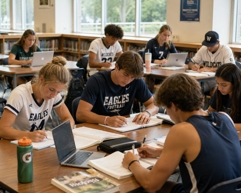 Students in a classroom studying and working on laptops and notebooks, with some wearing sports jerseys.