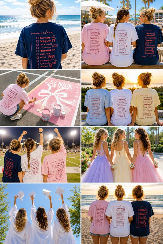 A collage of six images showing young women preparing for their senior year at the beach and on campus. They wear colorful t-shirts with a senior checklist and participate in activities like chalk art, graduation, and watching sunset. Some women are dressed in prom gowns, celebrating their graduation and prom.