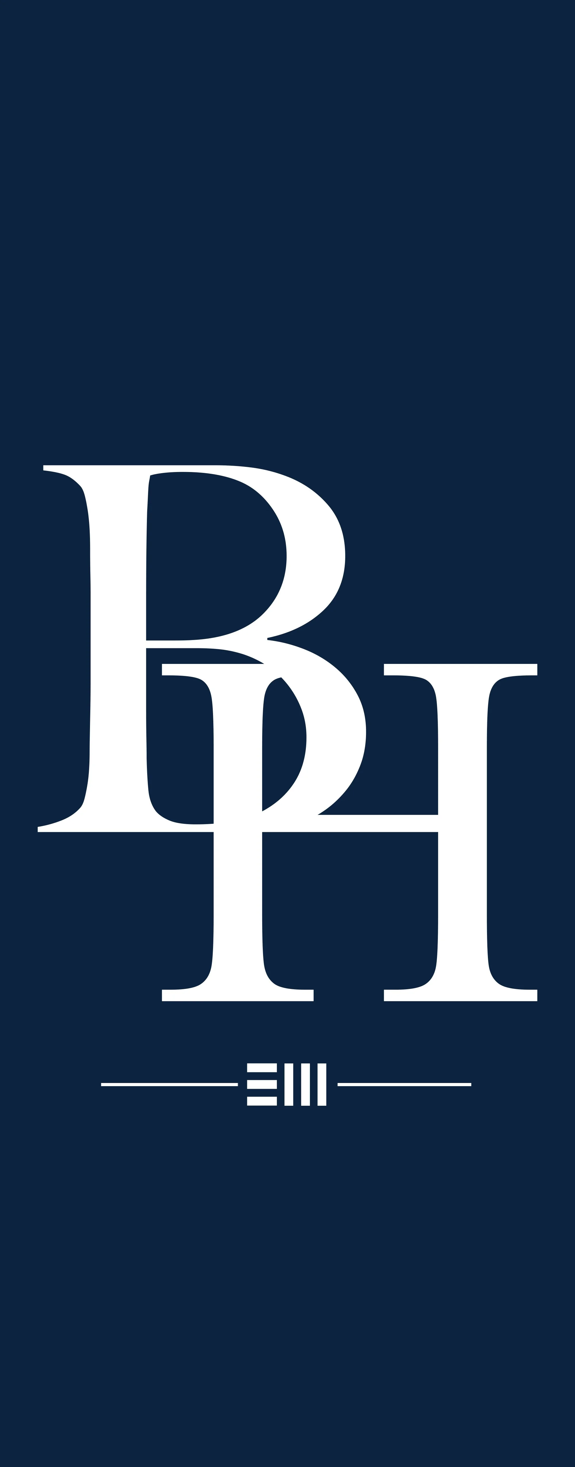 Blue background with large white Greek letters Beta, Pi, and Phi stacked vertically, and a small emblem with three horizontal lines and bar beneath at the bottom.