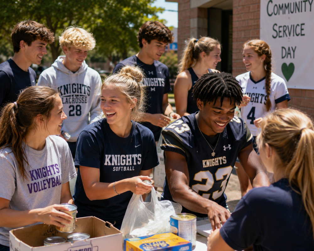 Group of teenagers at a community service event, some wearing sports jerseys, handing out canned goods, and smiling.