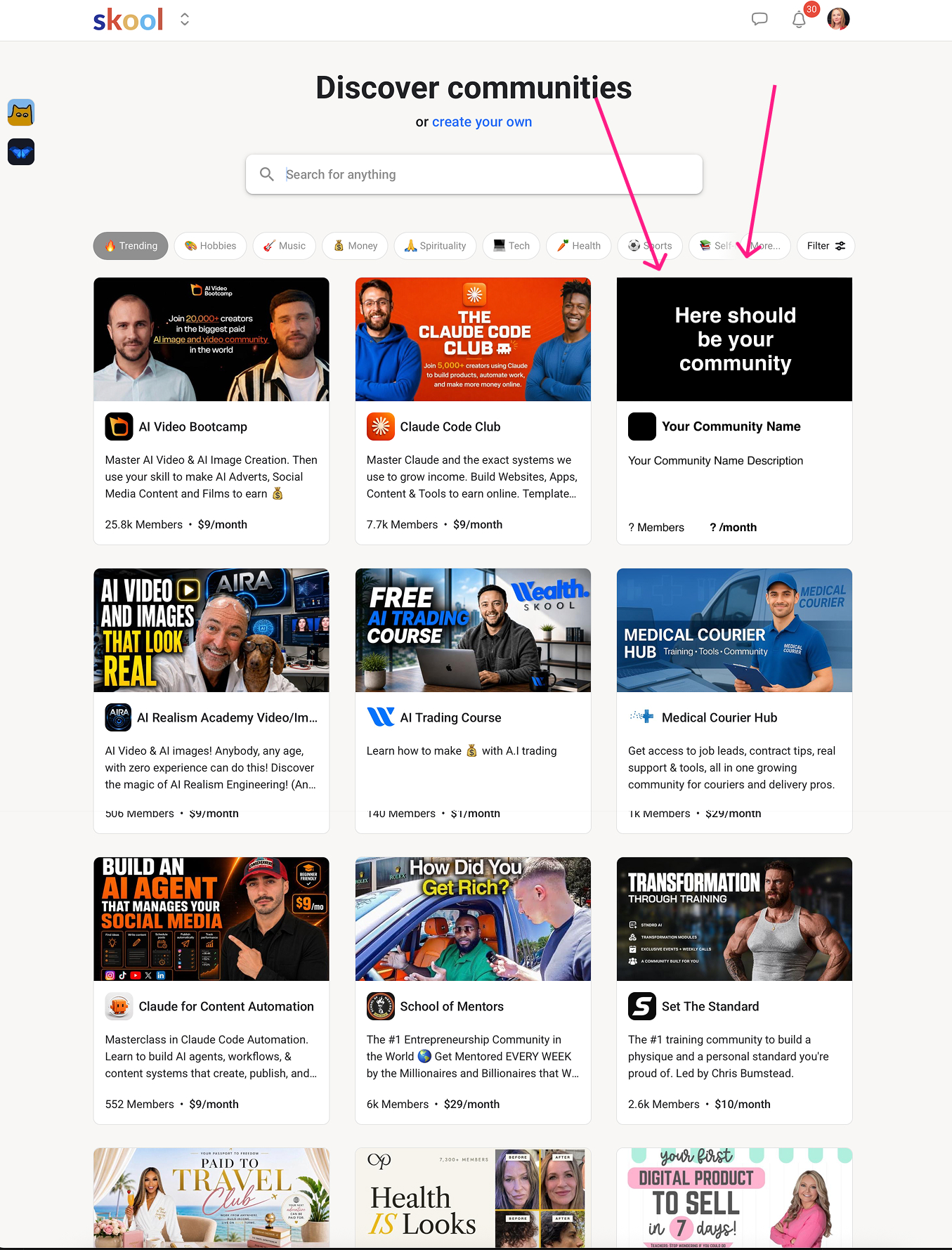 Skool's Discover communities page, showing search, filters, member counts, and pricing for community listings.