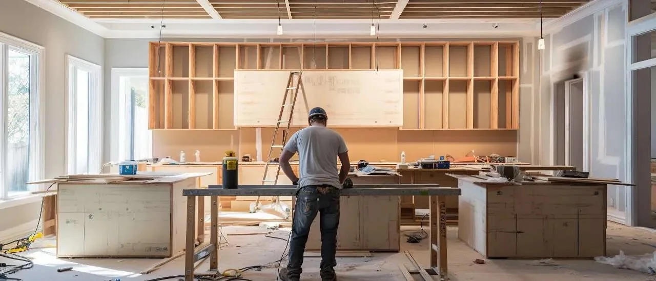 A construction worker stands with his back facing the camera in a kitchen under renovation, with cabinets and a ladder visible.