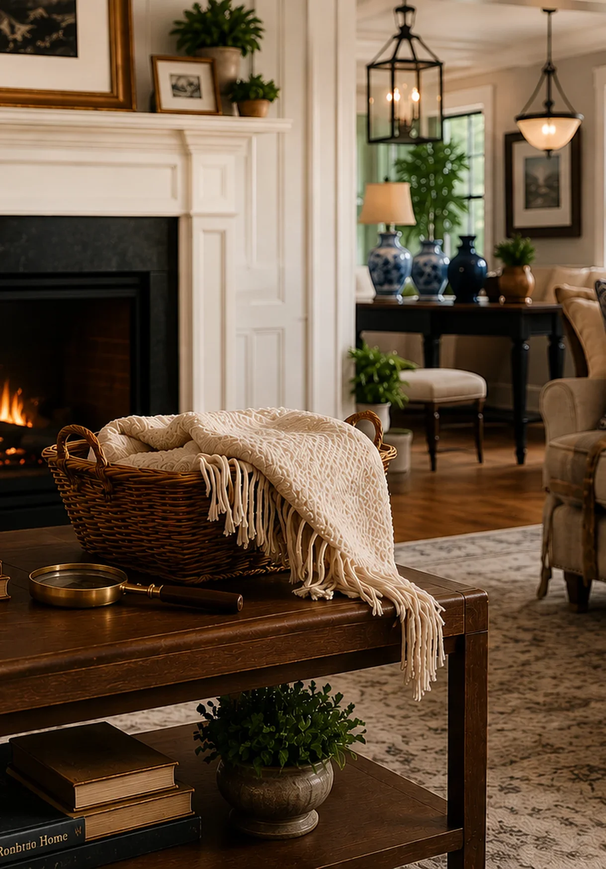 Cozy living room with a fireplace, a wicker basket with a throw blanket on a wooden coffee table, and various decorative vases and plants.