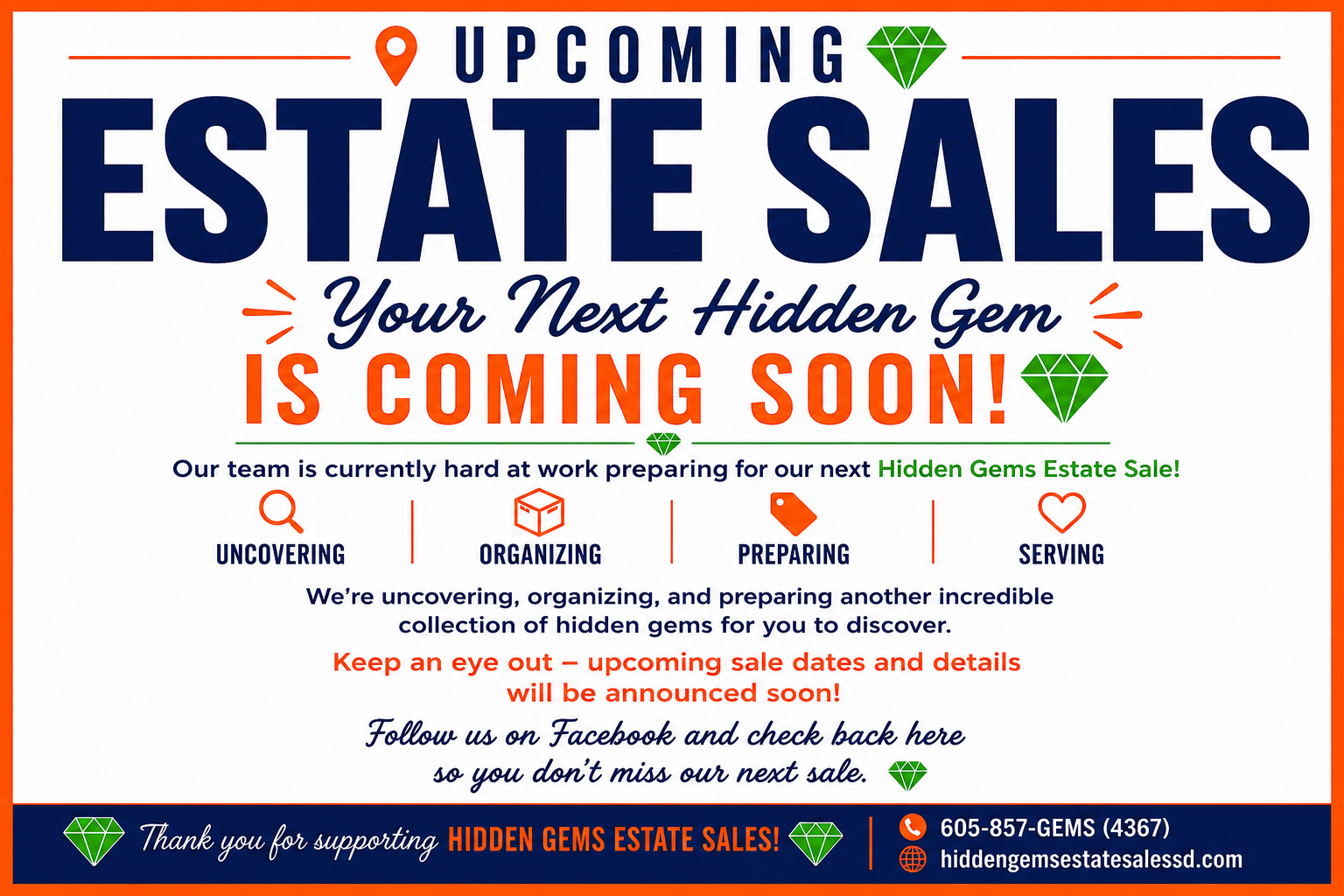 Announcement for upcoming estate sales by Hidden Gems, featuring a red border and various icons like diamonds, magnifying glass, box, price tag, and heart, and text about preparing for an estate sale.