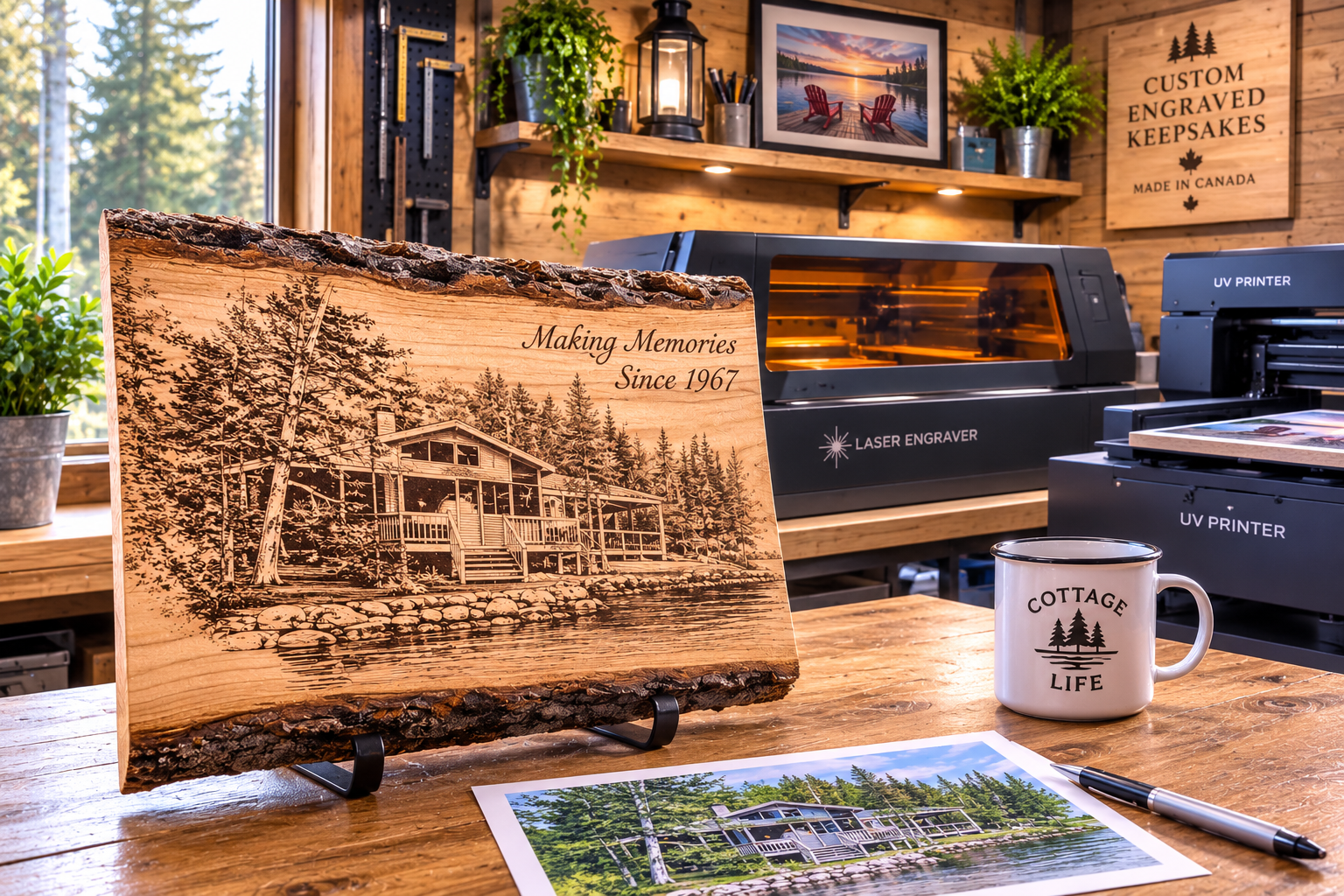 A wooden plaque engraved with a cabin and trees, with the text "Making Memories Since 1967", set on a stand on a wooden table. Behind it, a laser engraver and a UV printer are visible, along with a white mug that says "Cottage Life" and a printed photo of a cabin on a lake. In the background, there are framed pictures, plants, and wood-paneled walls.