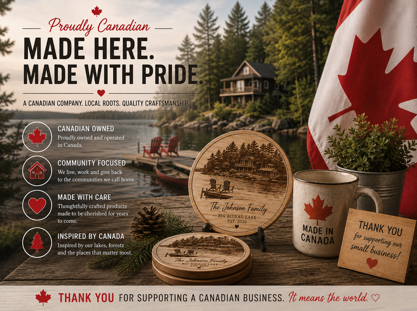 A promotional display for a Canadian company showcasing handcrafted products with a lakeside background, including a flag, plaques, a mug, and a thank you note, emphasizing pride, community, and craftsmanship.