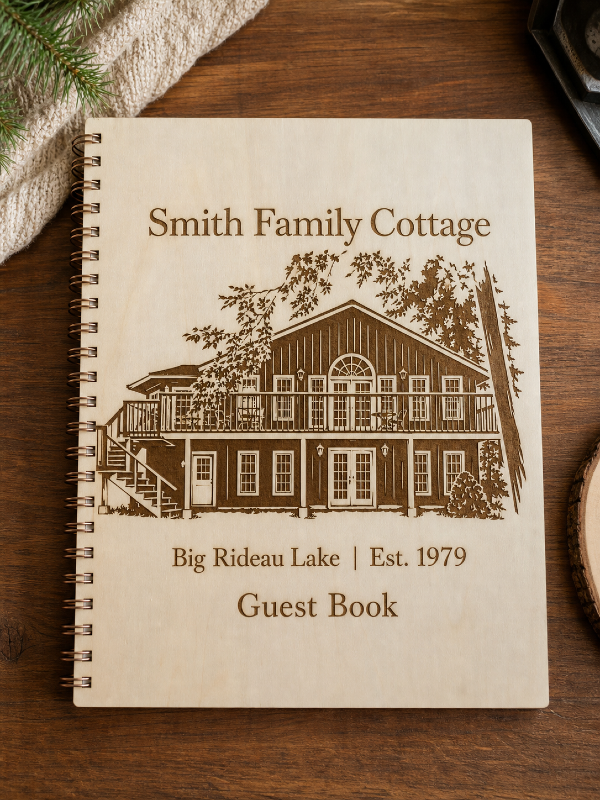 Custom Cottage Guest Book — Engraved Wood Cover, 80 Pages