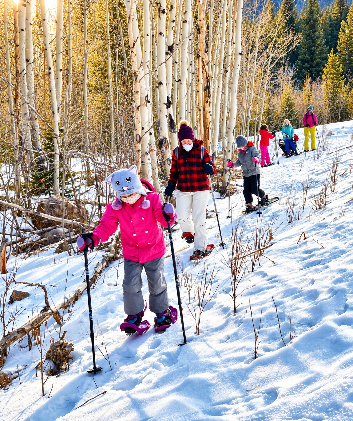 Group of children and adults skiing on a snowy trail through a forest of tall trees with autumn leaves and pine trees in the background.