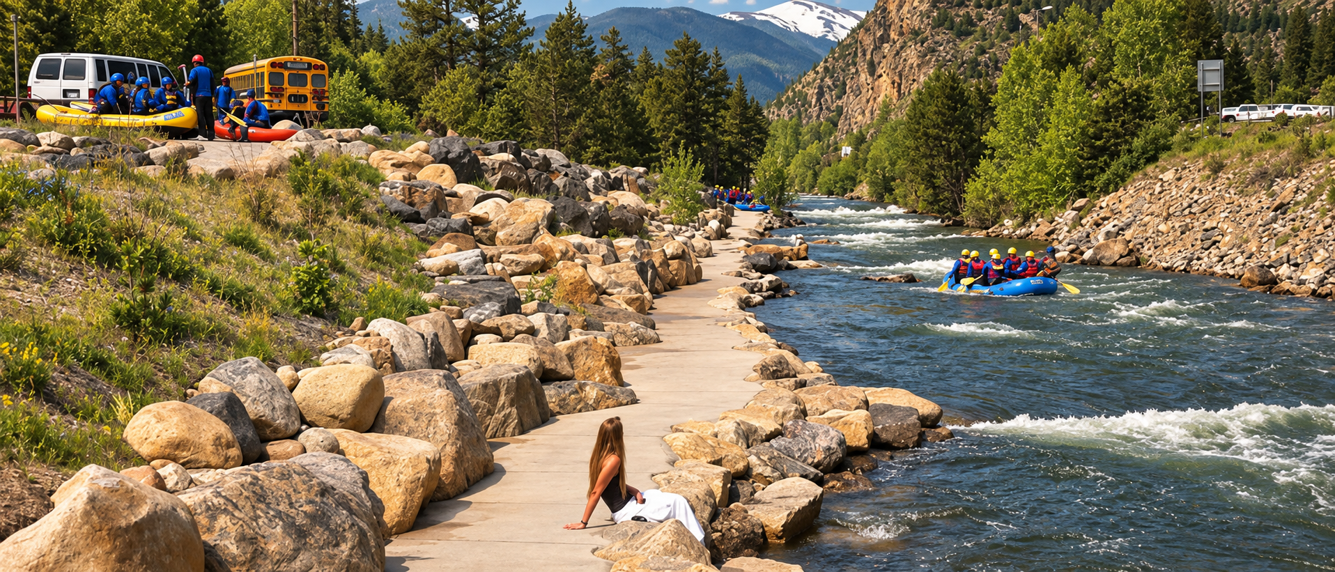 River rafting, sun bathing, hanging out near the creek in Rocky Mountains near Denver, Colorado.