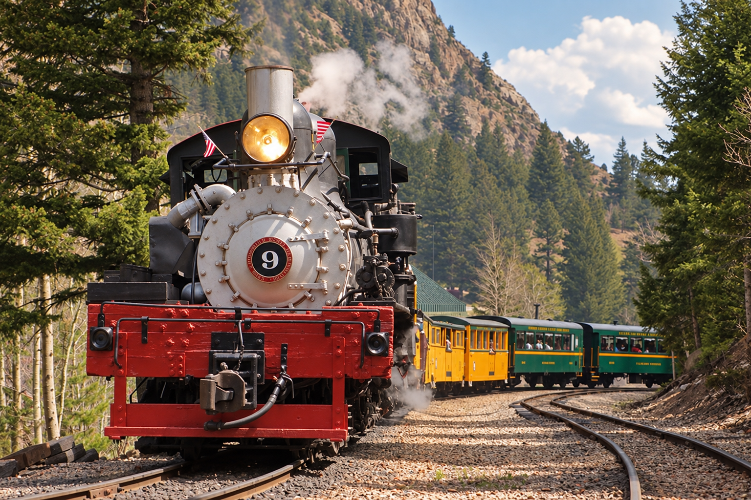 A vintage black steam locomotive through a forested mountainous landscape, with trees and mountain in the background on a sunny day in the Rocky Mountains near Denver, Colorado.
