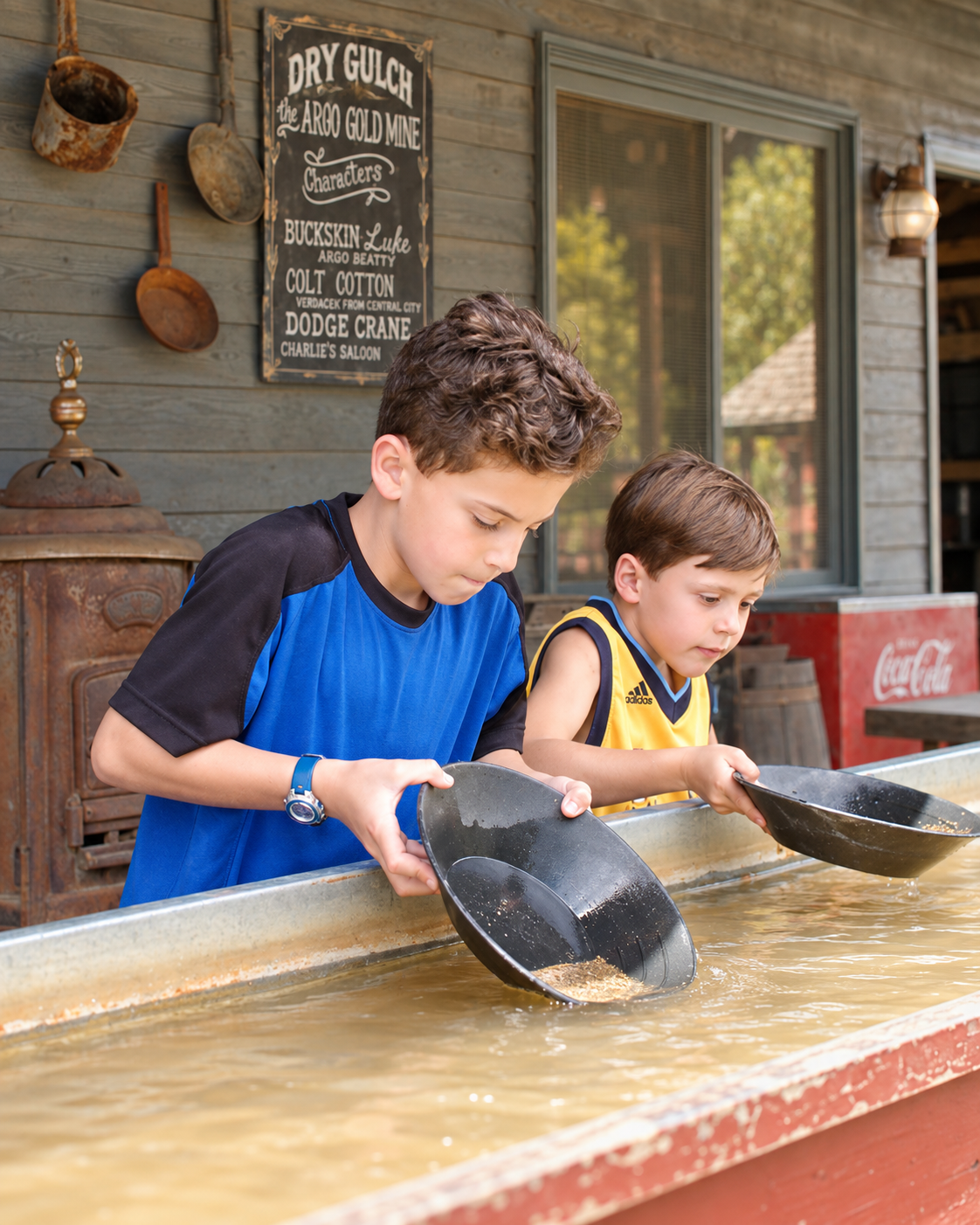 Kids panning for gold panning sifting through water in a mining town in the Rocky Mountains, Colorado.