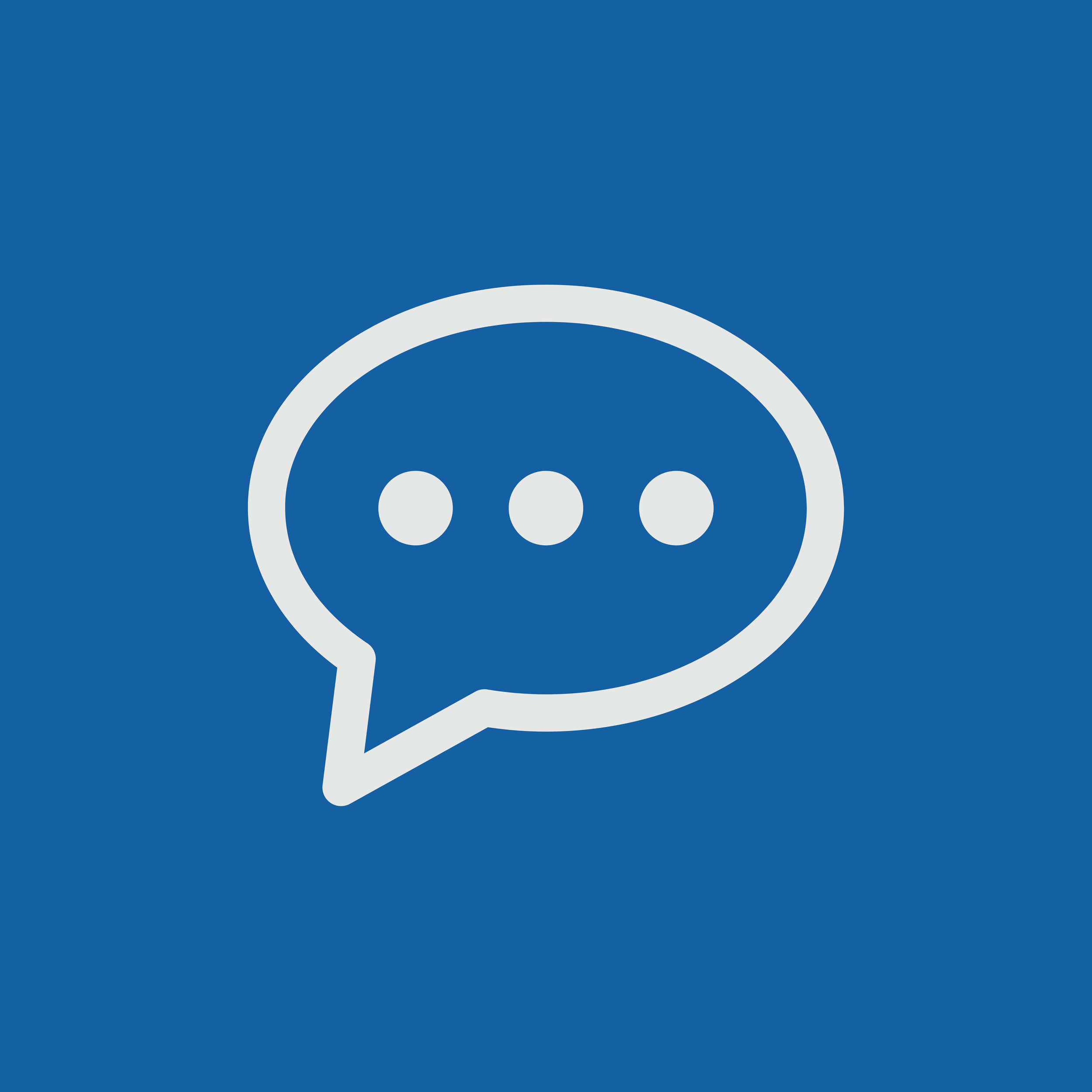 Blue background with a large white speech bubble containing three smaller circles inside.