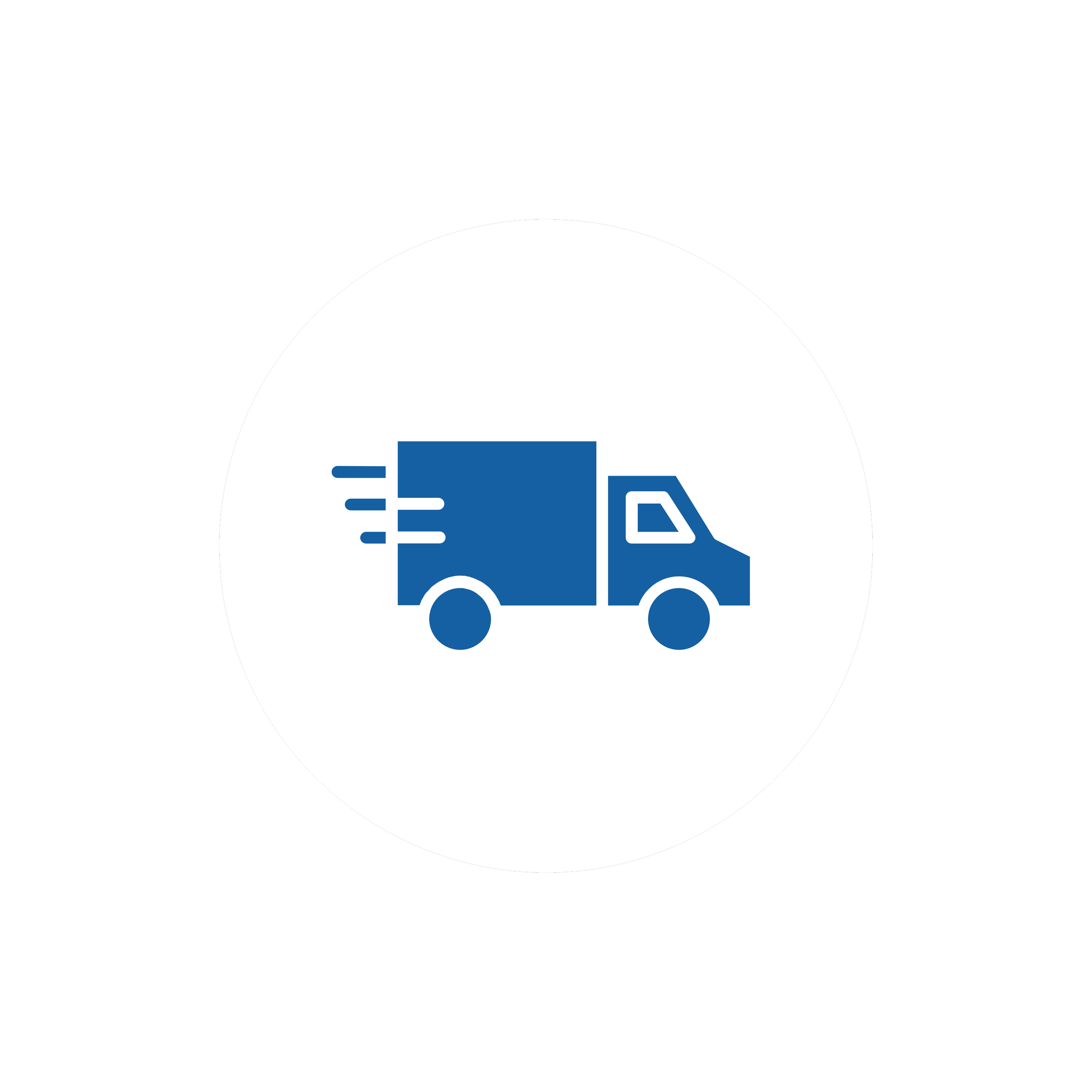 Icon of a delivery truck in blue with motion lines indicating speed, on a white circular background with black surrounding area.