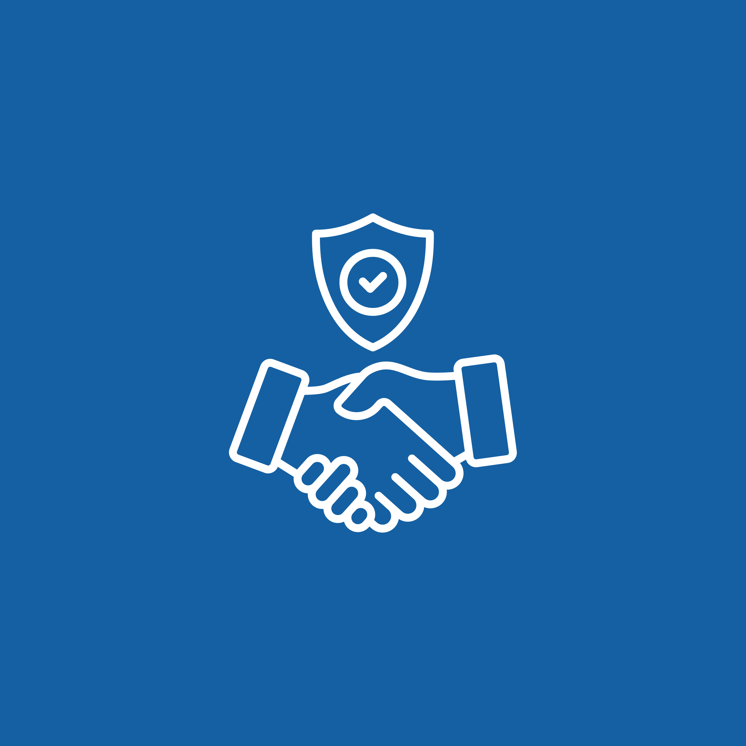 Illustration of a handshake with a shield featuring a checkmark, symbolizing security or protection.