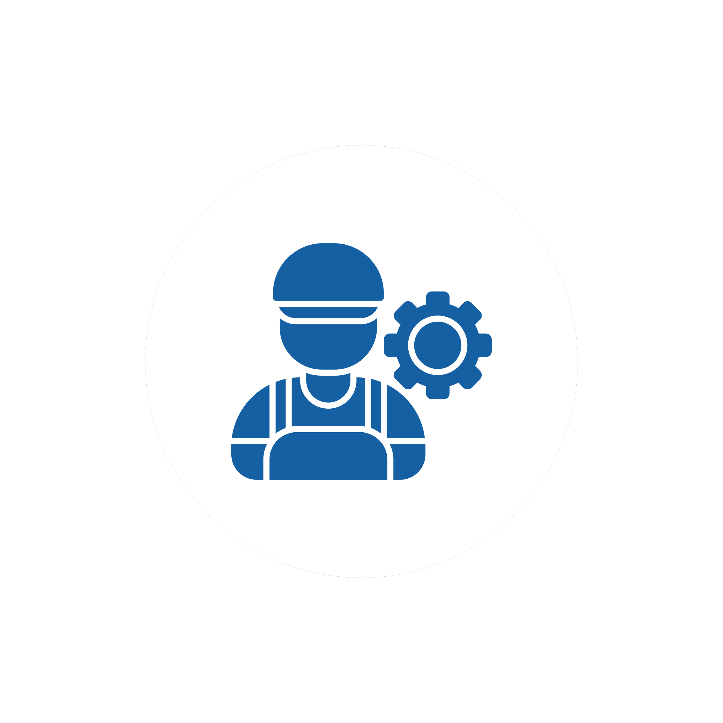 Graphic with a black background, white circle, and blue icons of a battery, gear, and a person wearing a safety vest.