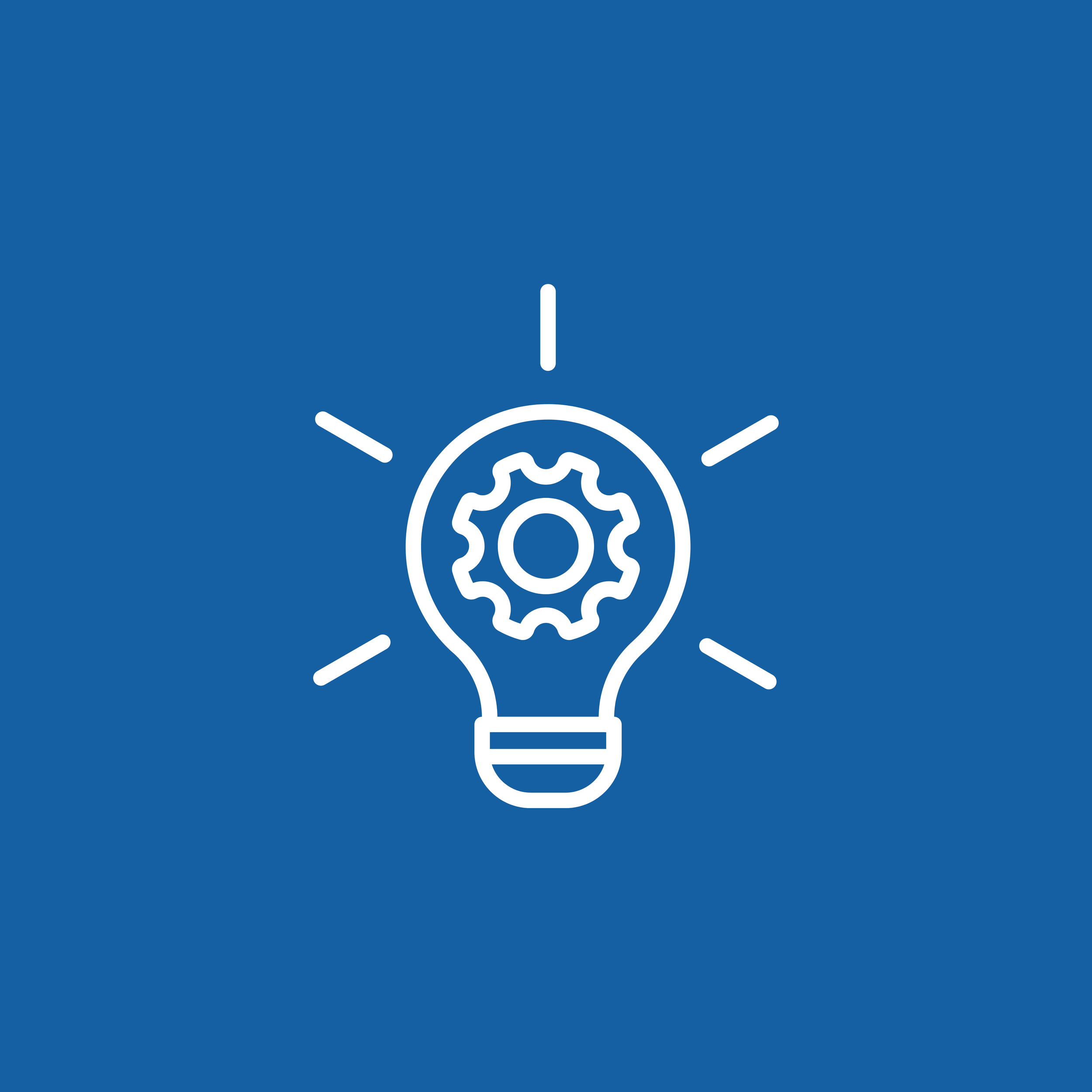 A white lightbulb icon with a gear inside, symbolizing ideas and innovation, on a solid blue background.