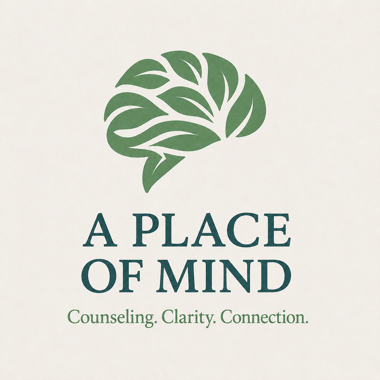 Logo of A Place of Mind with a green stylized brain made of leaves and the tagline Counseling. Clarity. Connection.