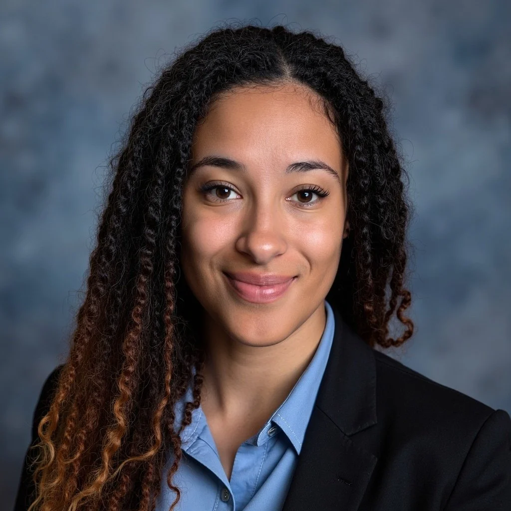 Headshot of a young woman with curly dark hair, wearing a black blazer and a blue shirt, smiling against a blue-gray background.