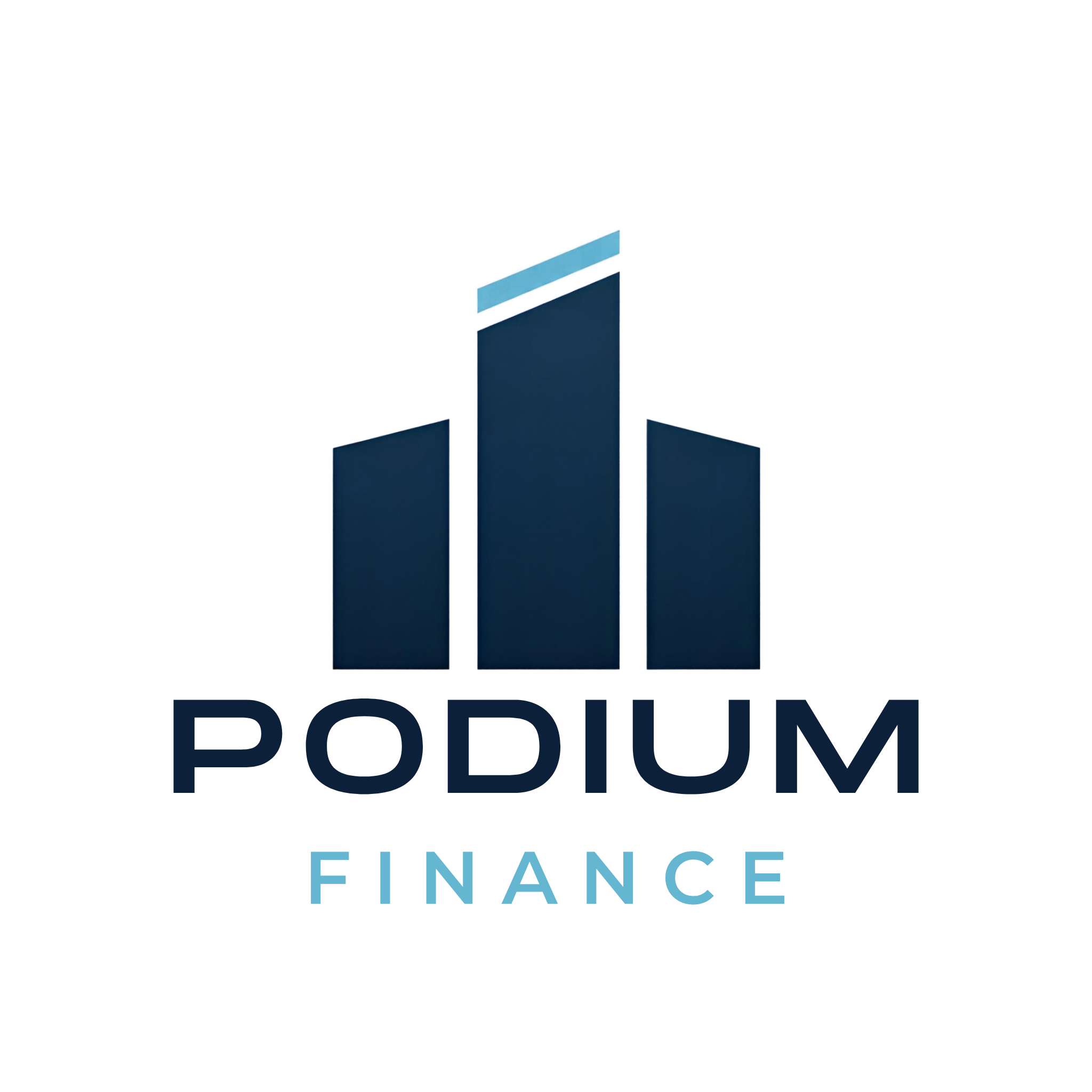 Logo for Podium Finance featuring a stylized blue and teal upward arrow above the word 'PODIUM' in dark blue and 'FINANCE' in light blue.