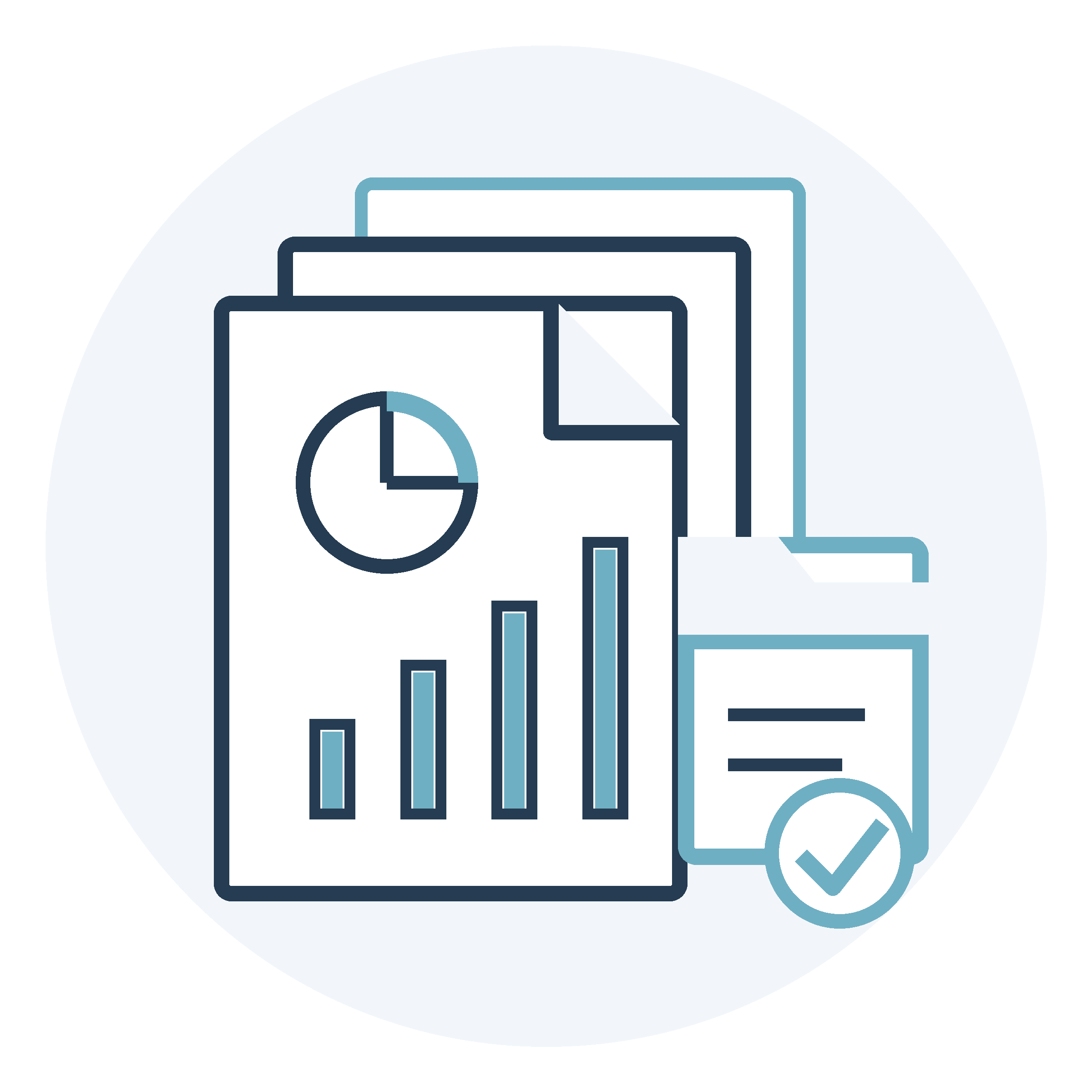 Illustration of a document with a pie chart, bar graph, and a checkmark, indicating financial or data analysis.