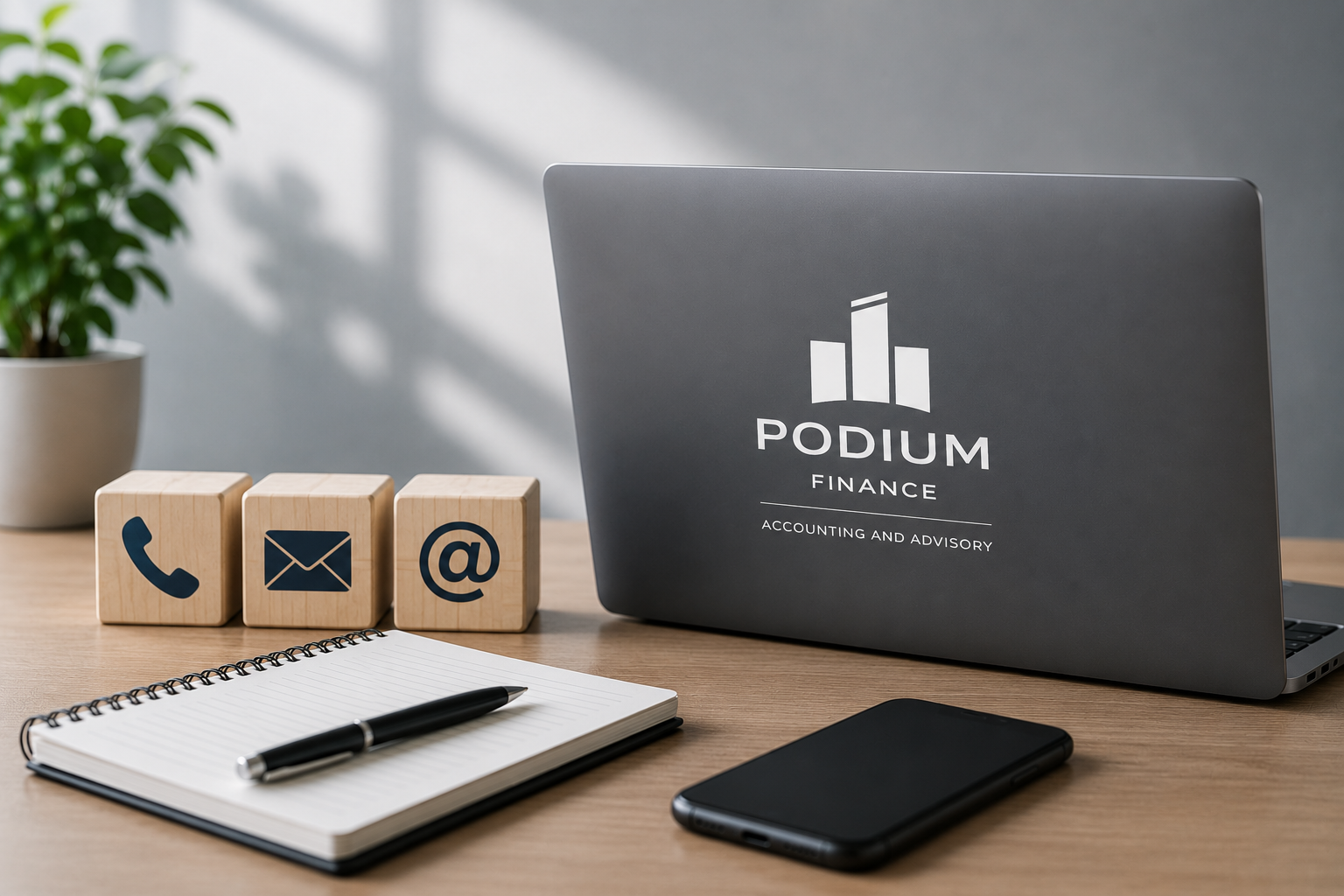 Desk with a closed laptop displaying 'PODIUM FINANCE' logo, a smartphone, a notepad with a pen, three wooden blocks with phone, email, and at symbols, a potted plant, and a gray wall in the background.