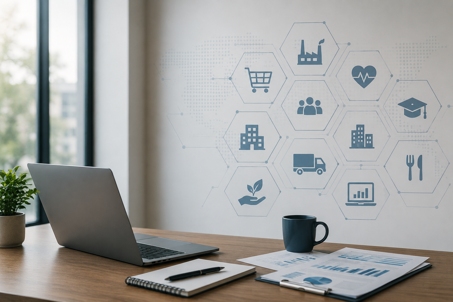 Office desk with laptop, potted plant, mug, and papers with charts, with icons on the wall representing shopping, industry, healthcare, education, transportation, and data analysis.