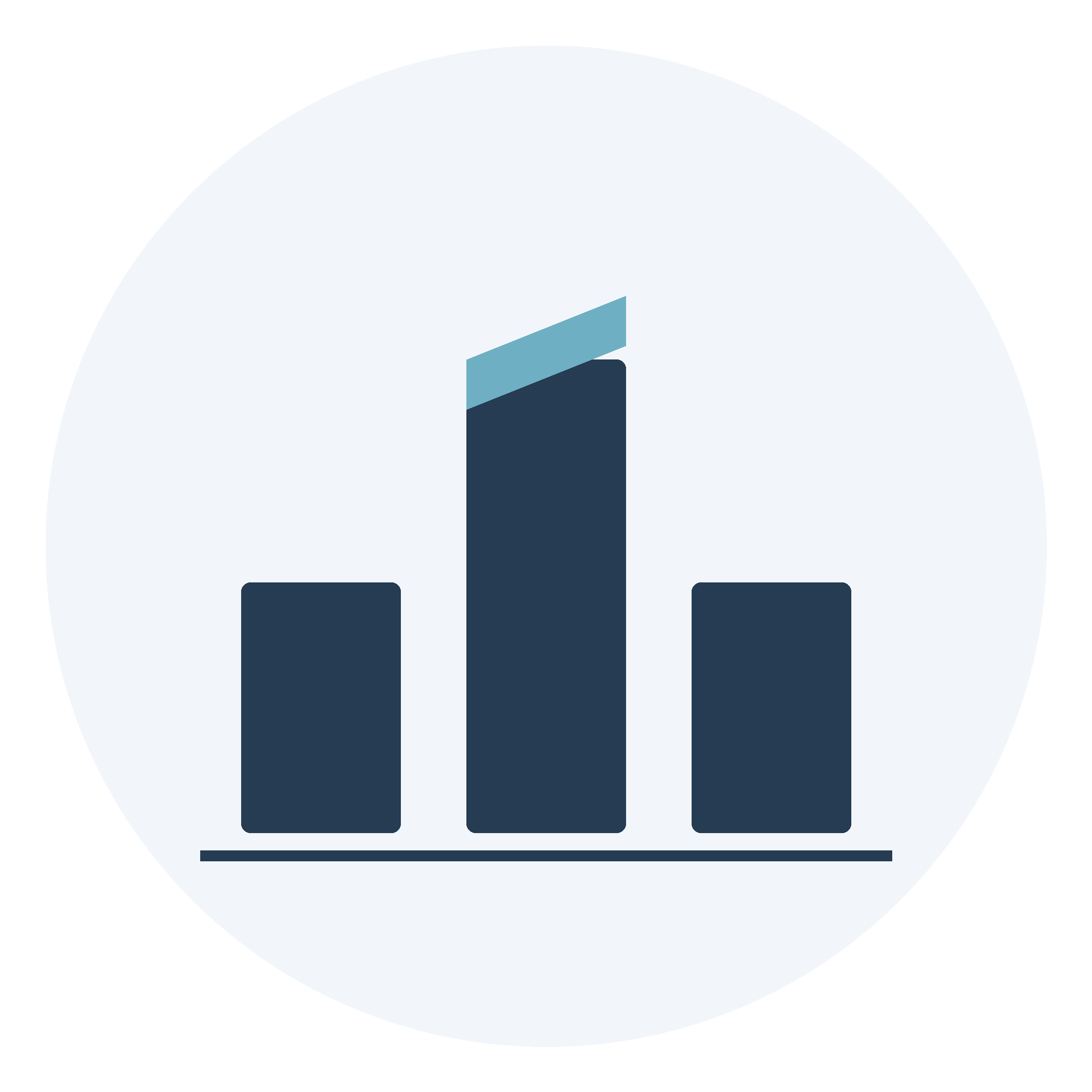 A black and dark blue bar chart with four ascending bars on a light background.