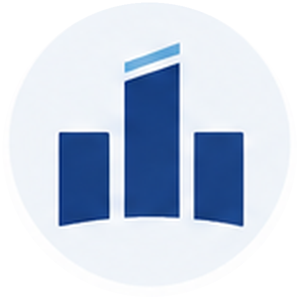 Icon of three blue vertical bars of different heights on a white circular background.