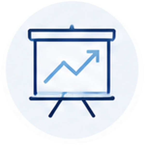 Blue line graph with an upward trending arrow on a presentation board.