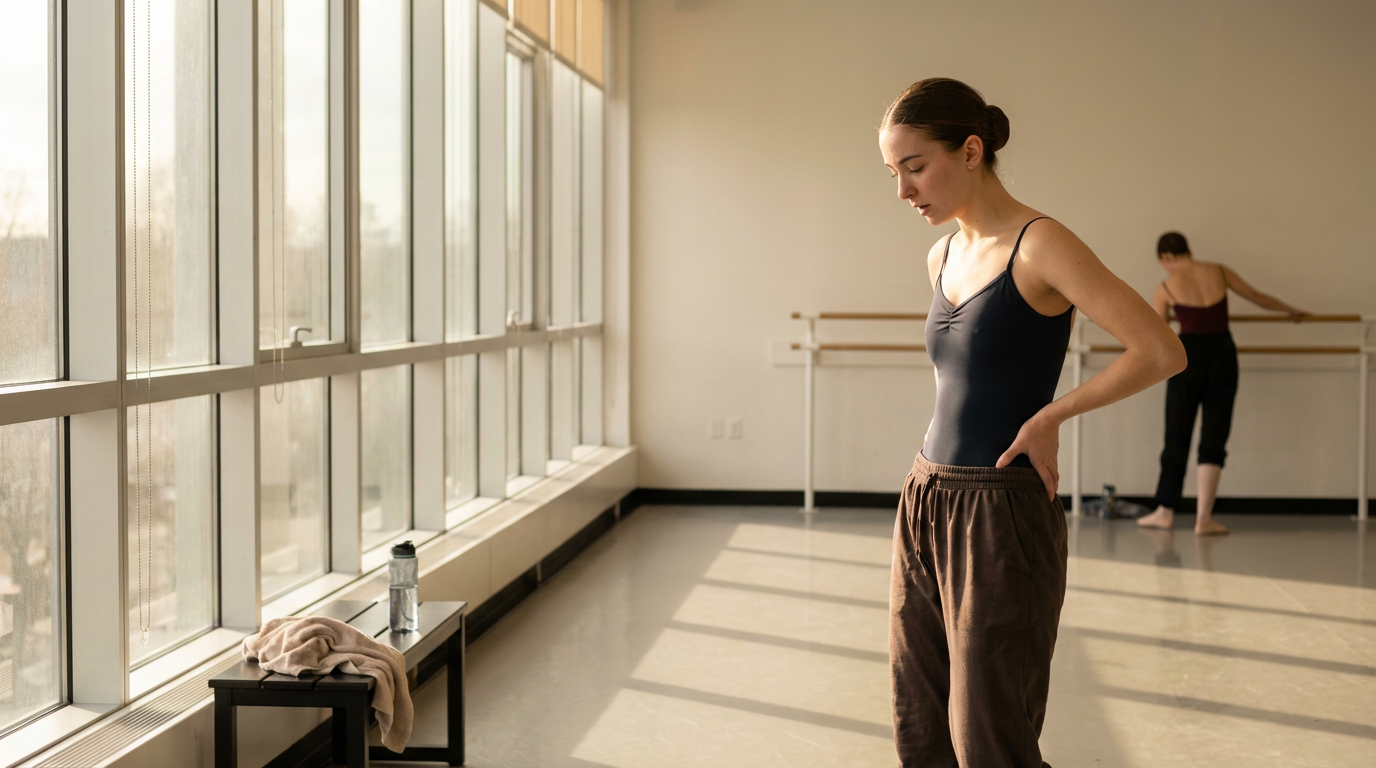 A ballet dancer standing with her hand on her back in a dance studio, while another dancer practices at the barre in the background.
