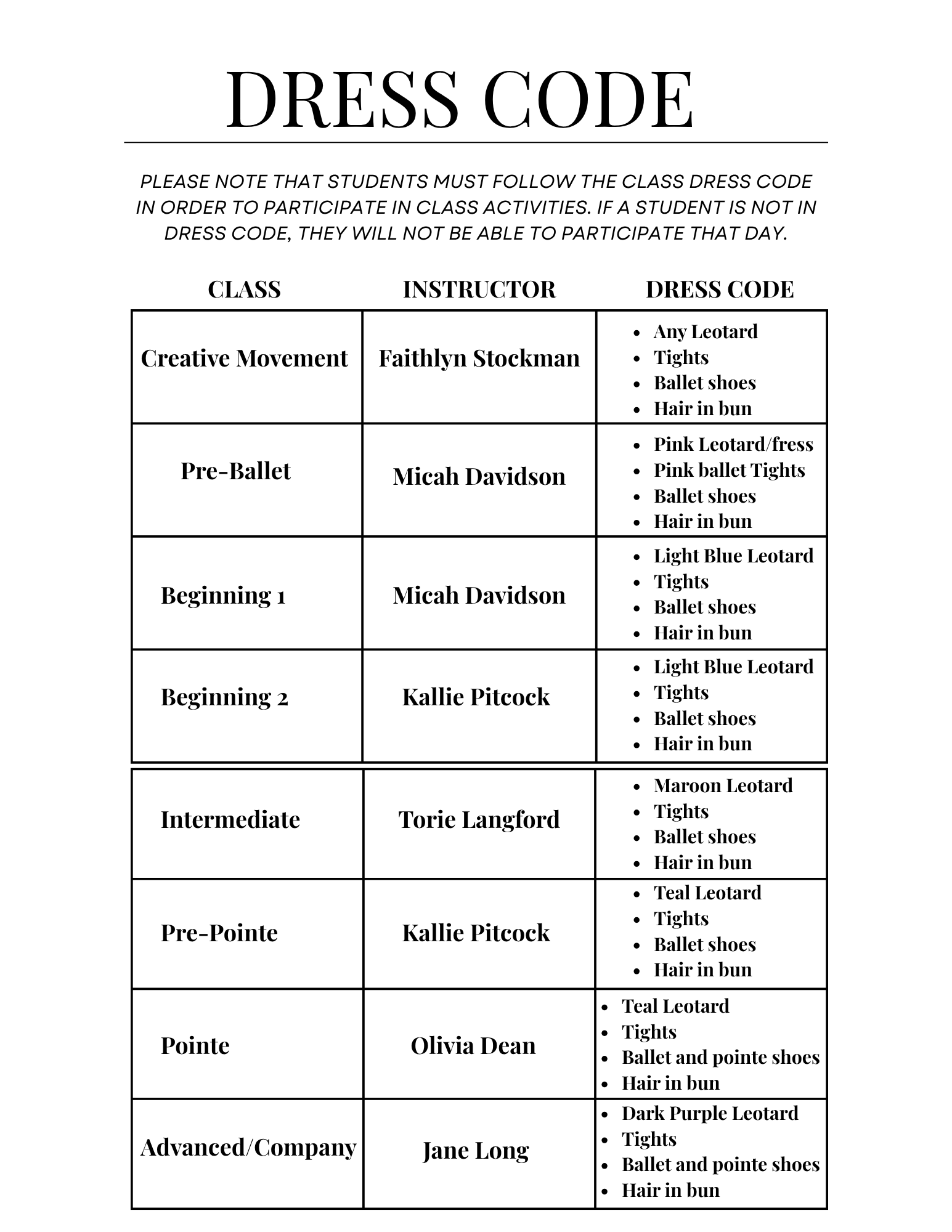 Class dress code chart listing class levels, instructor names, and permissible attire, including leotards, tights, ballet shoes, hair in buns, and specific colors such as teal, maroon, dark purple, and light blue.